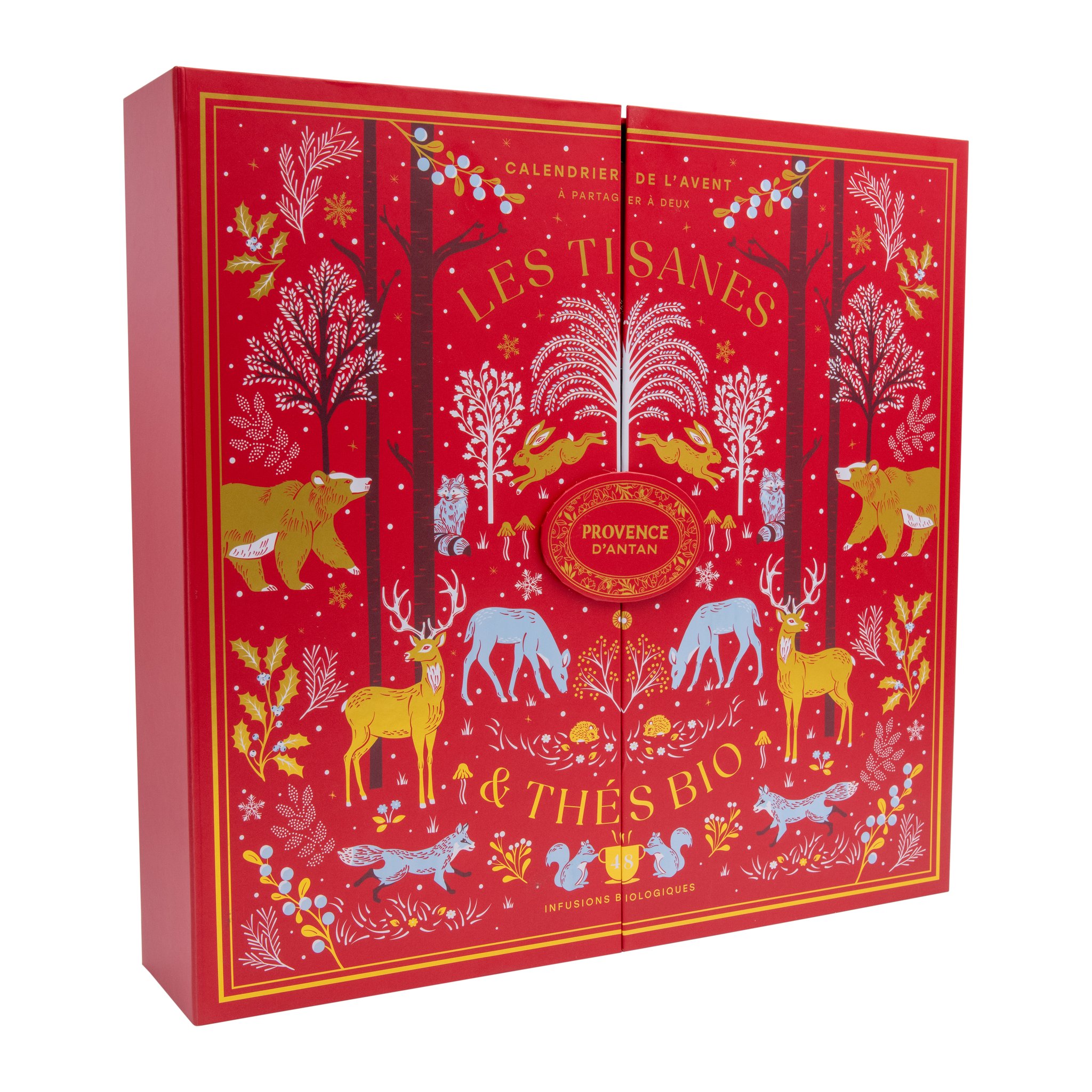 Calendario dell'Avvento Duo rosso con tè biologici di Provence d'Antan, illustrazione animali del bosco