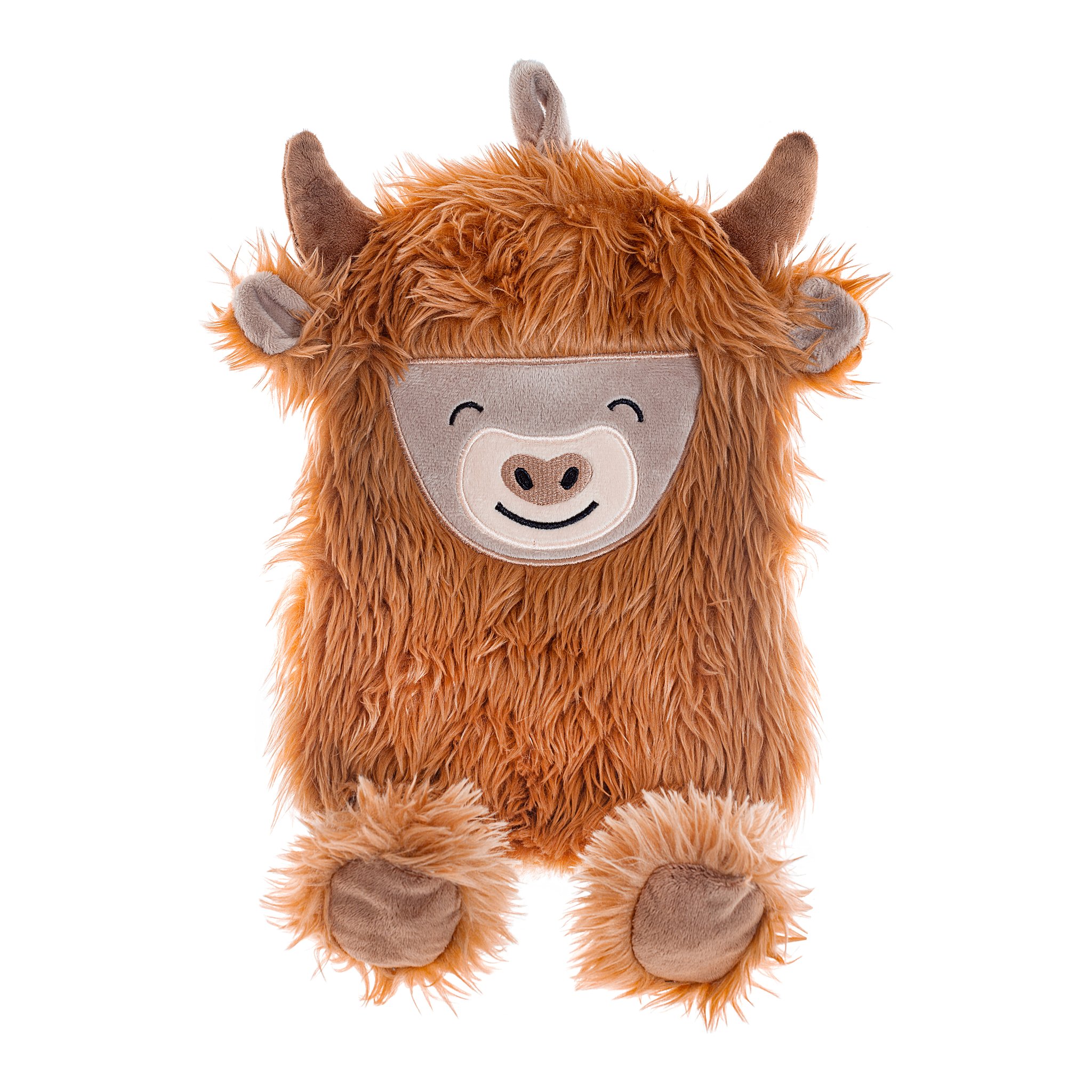 Bouillotte vache Highland Sass & Belle, housse en peluche brune à poils longs avec vache souriante, détourée
