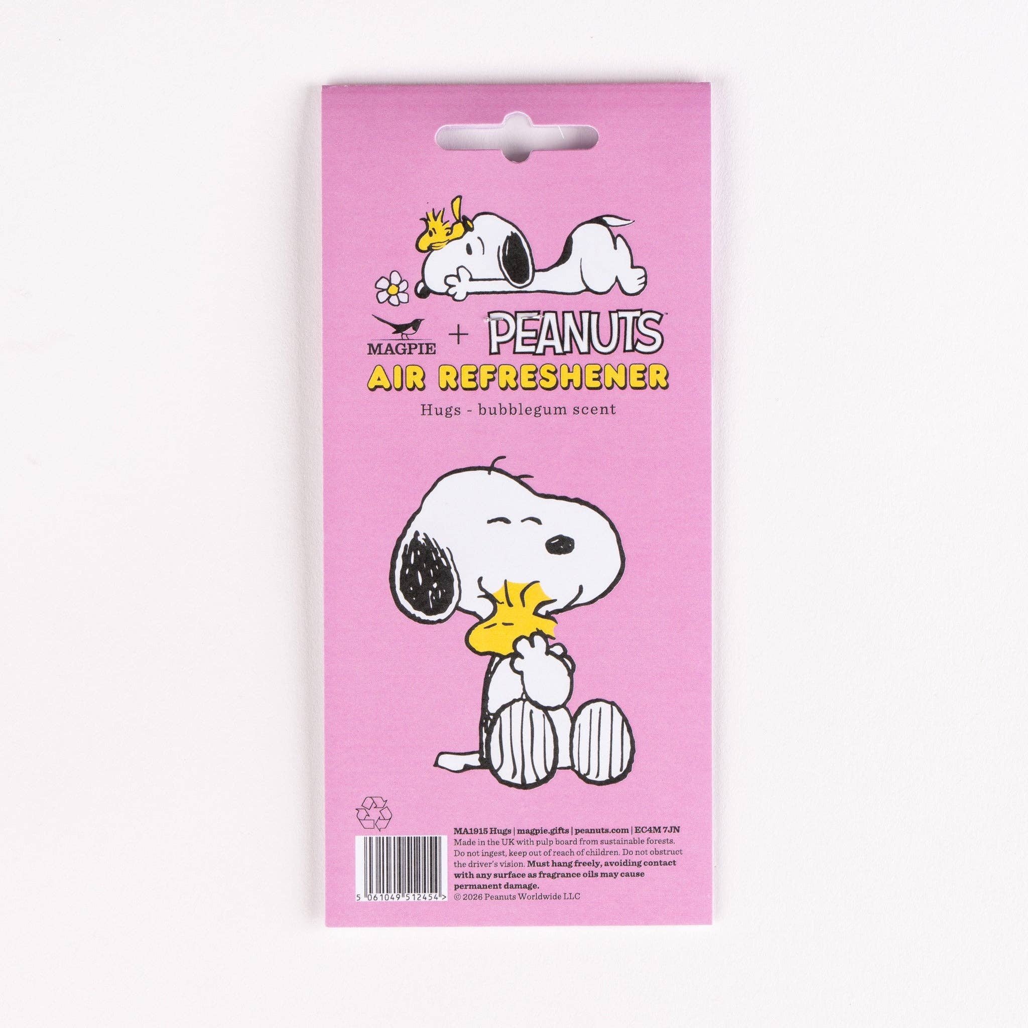 Rosa Rückseite der Verpackung des Snoopy-Lufterfrischers Hugs mit Kaugummiduft