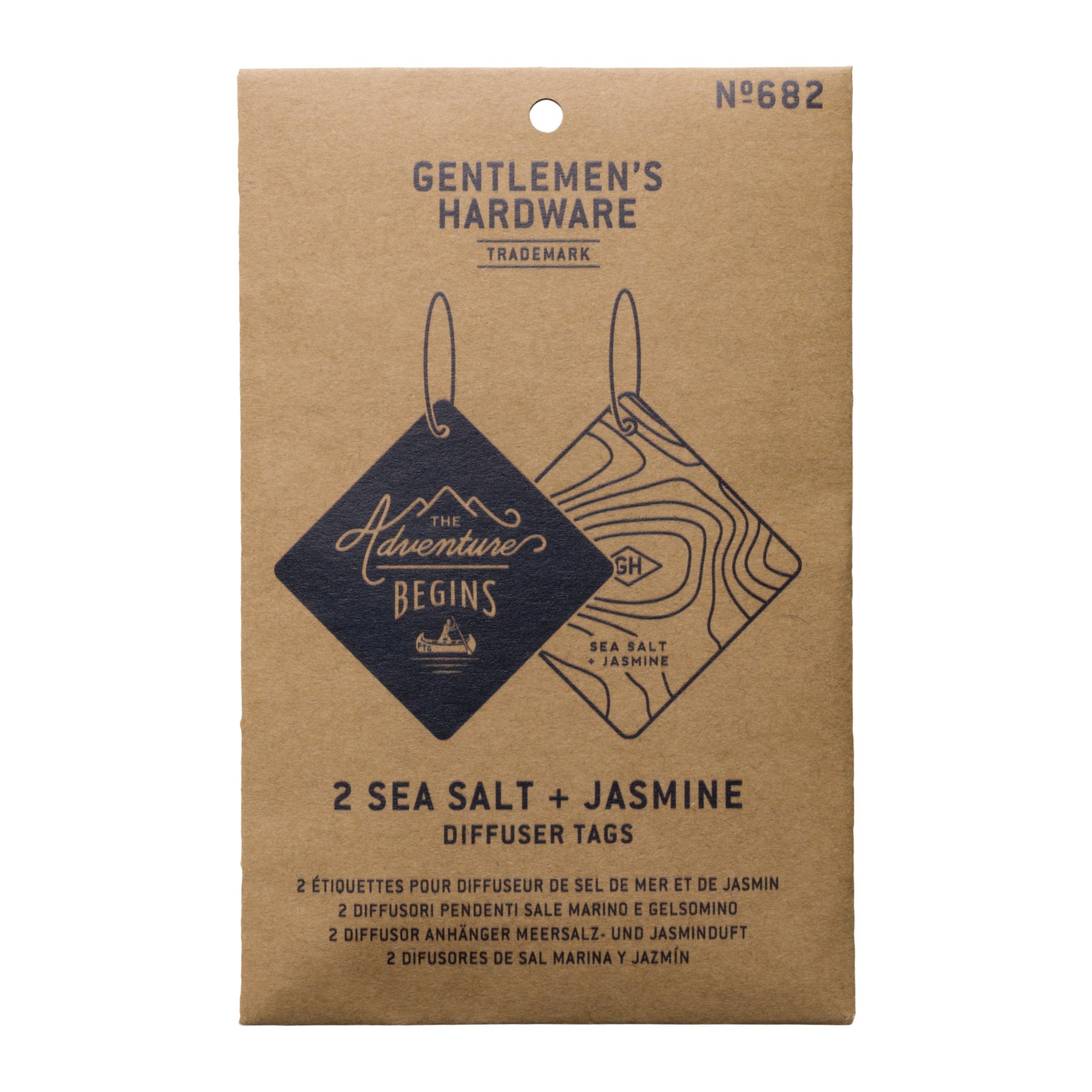 Front of the kraft paper packaging for the air freshener set with Gentlemen's Hardware logo and both tags illustrated