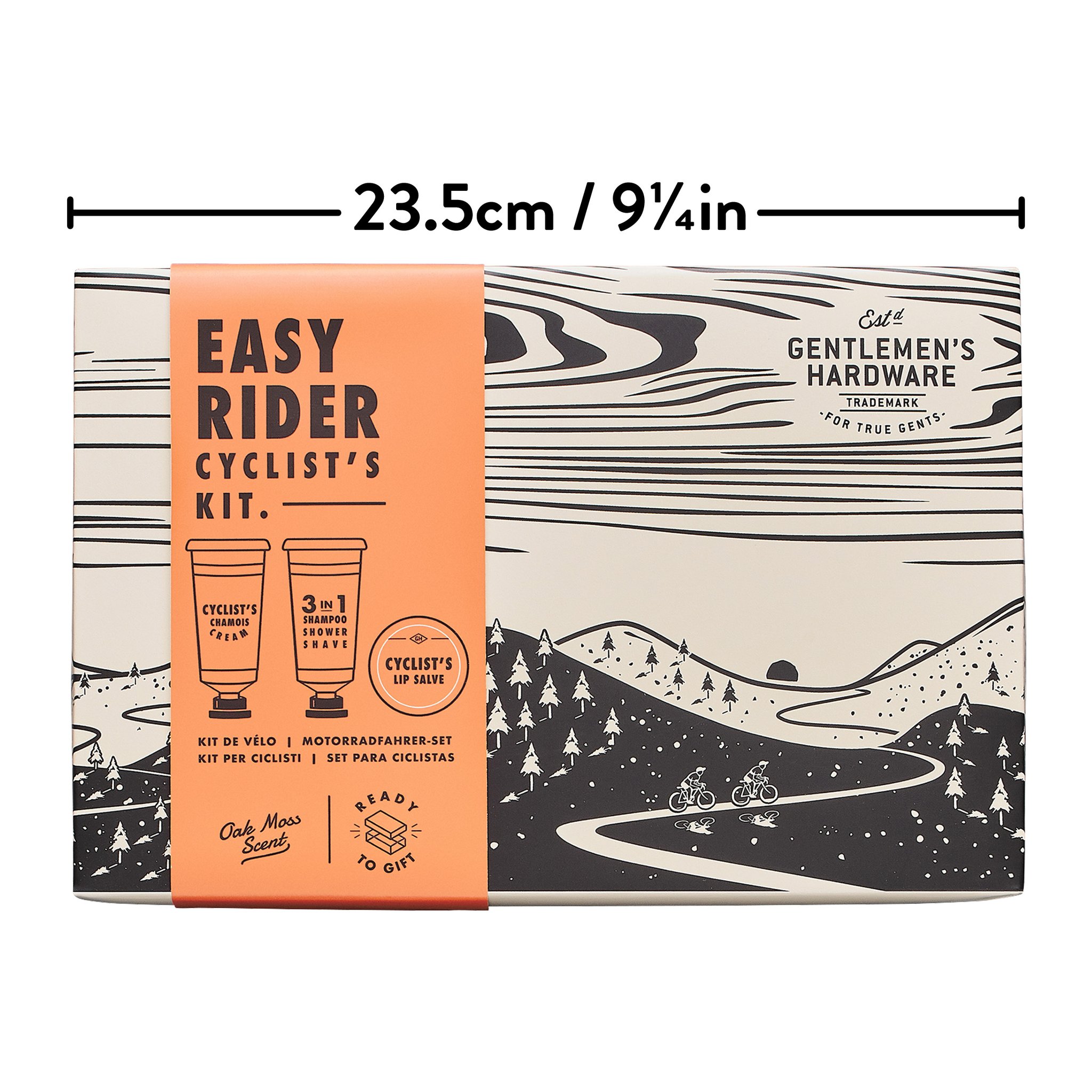 Coffret Easy Rider: face avant de la boîte avec bandeau orange et paysage avec deux cyclistes, indication de largeur