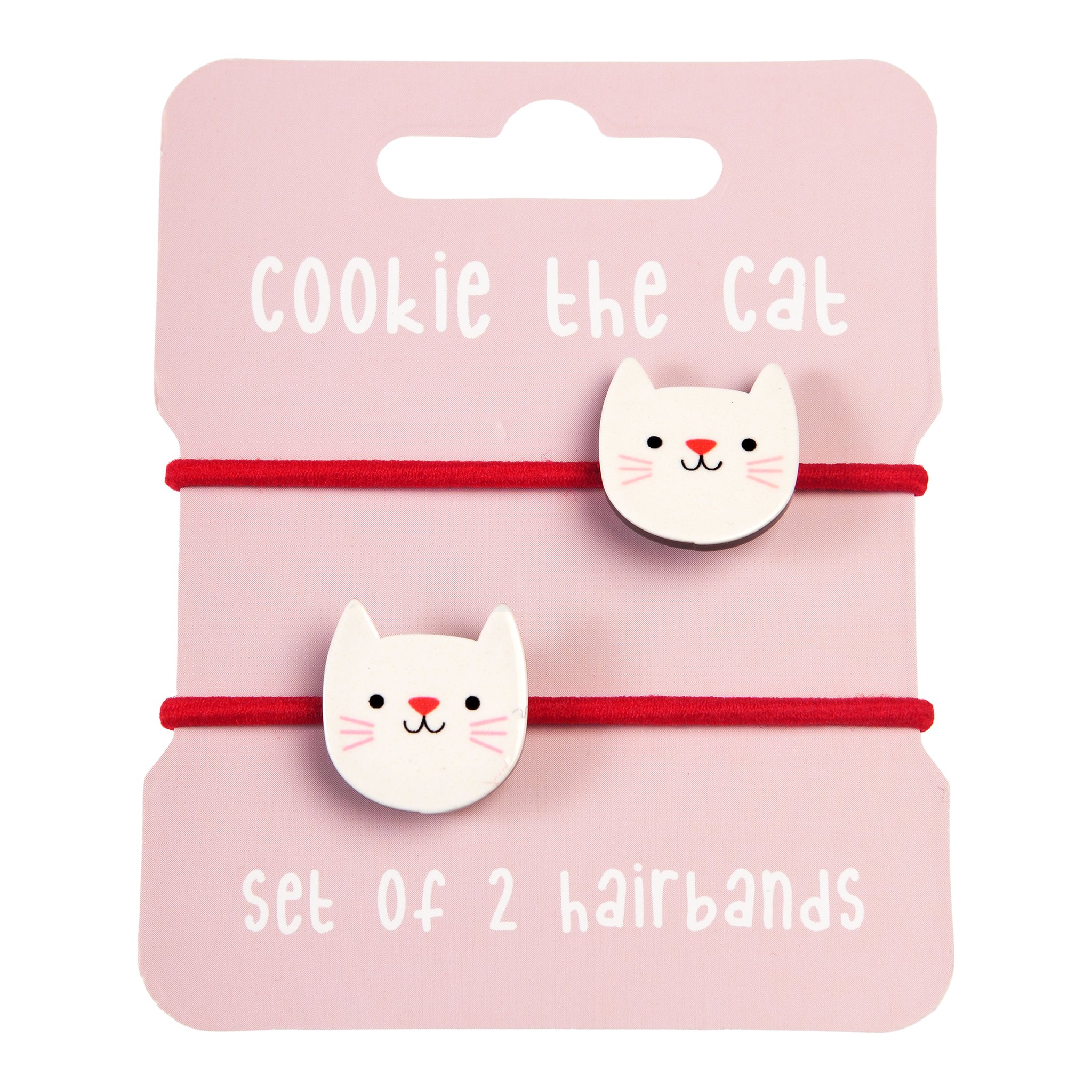 Cookie the Cat hair ties on the pink 'Set of 2 hairbands' card