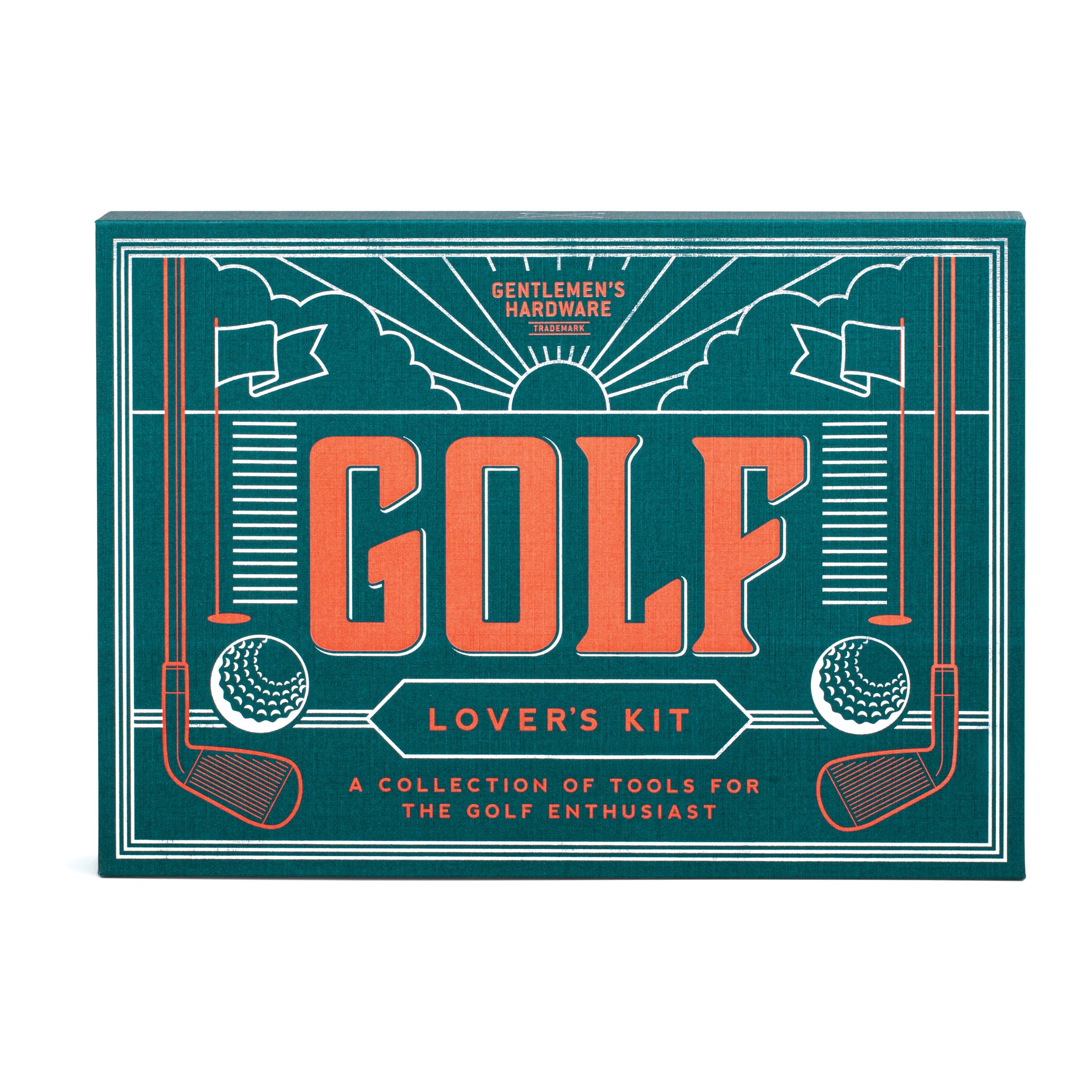 Dunkelgrüne Geschenkschachtel des Golf Liebhaber Sets mit orangem GOLF-Schriftzug, Golfschlägern und Bällen
