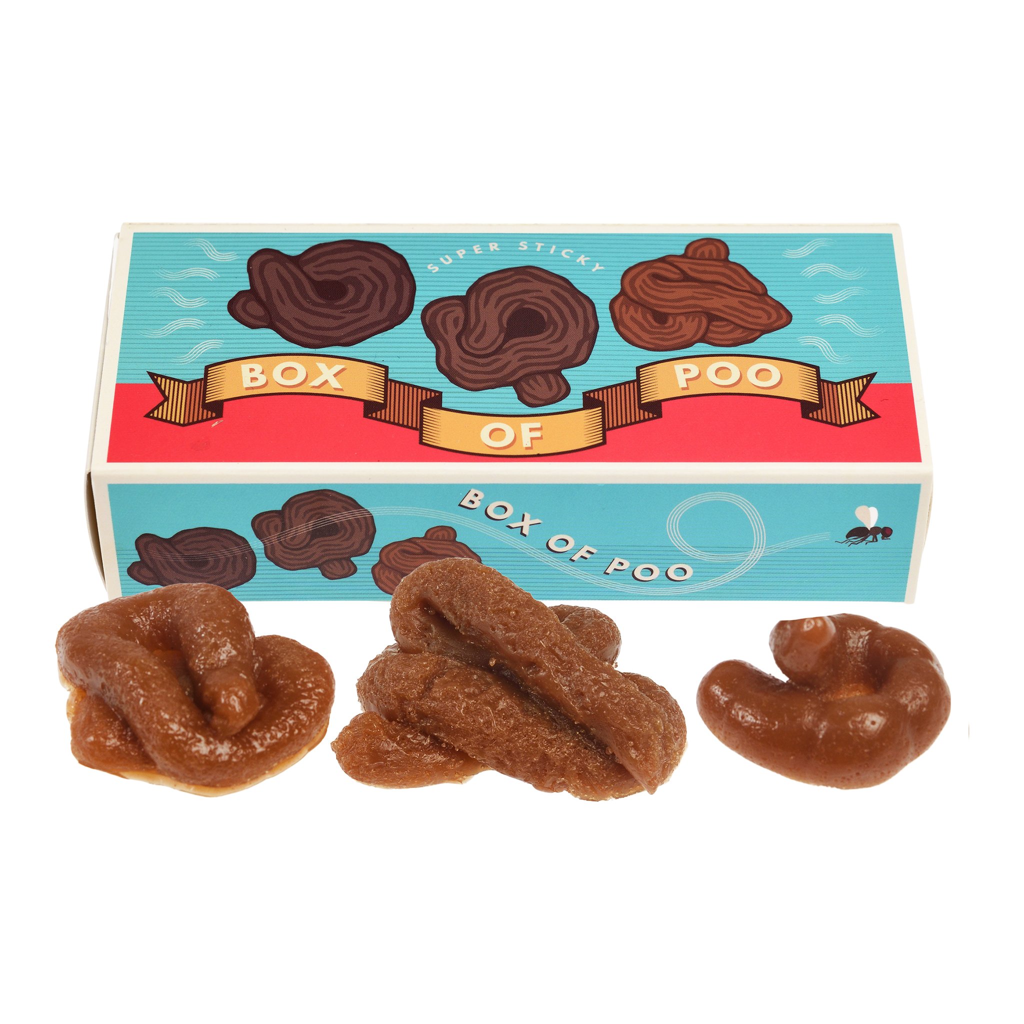 Scherz-Kothaufen-Set «Box of Poo» mit drei Gummi-Haufen vor der Schachtel