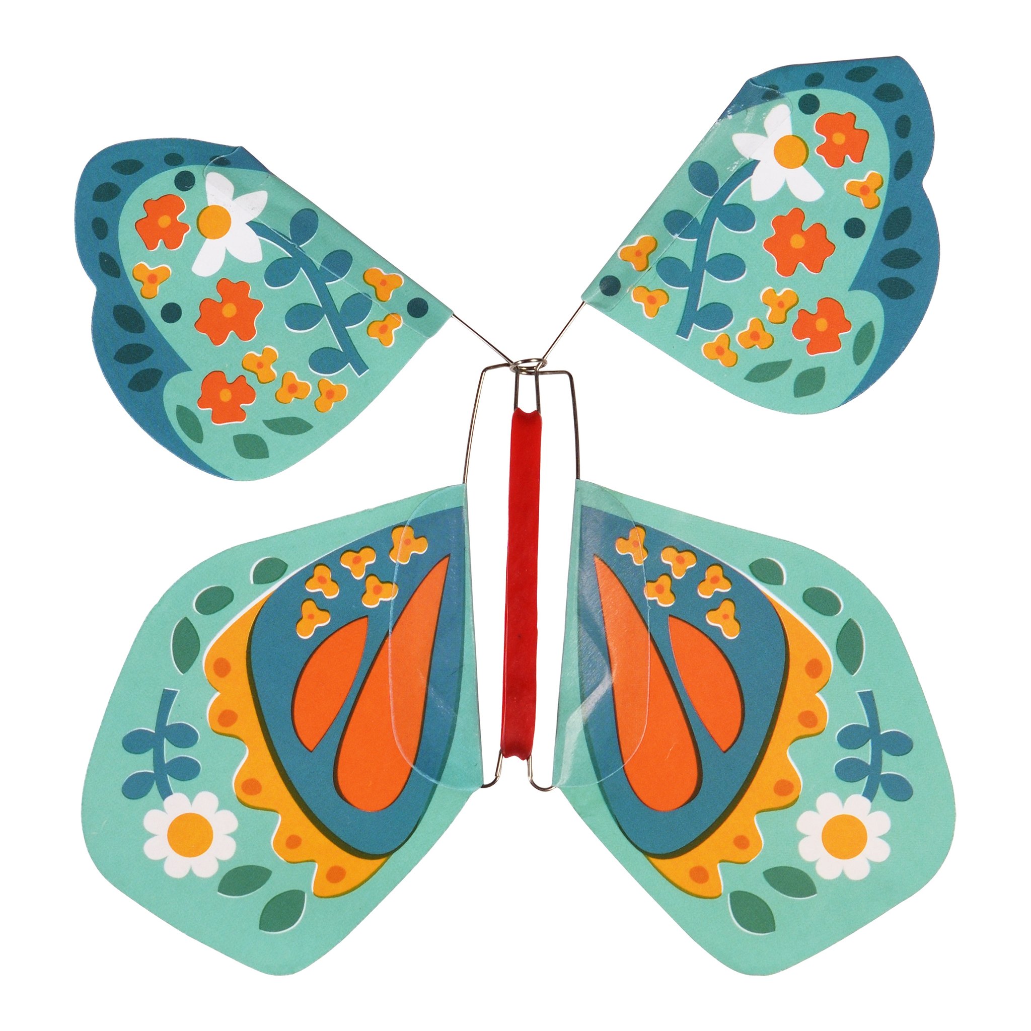 Papillon magique aux ailes turquoise et orange avec élastique de remontage