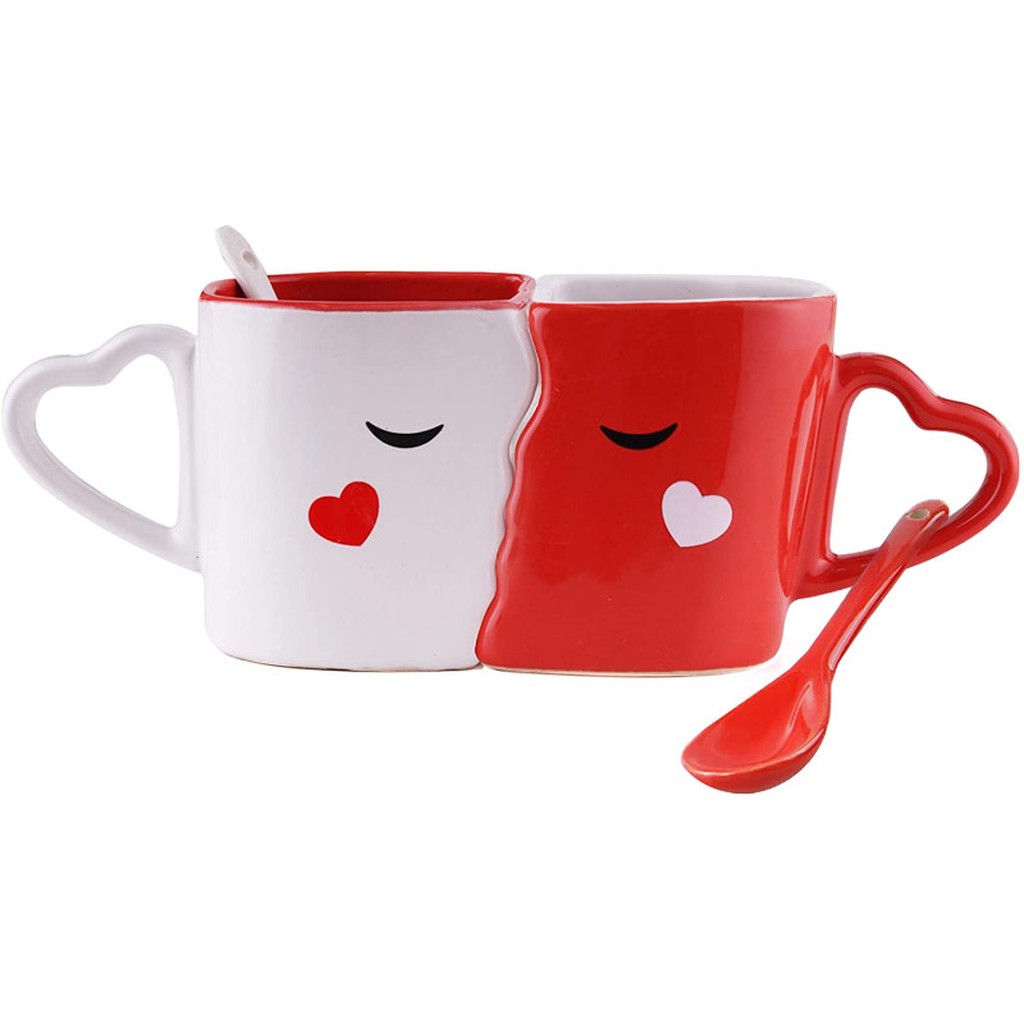 Küssende Tassen Set, Kaffeetassen mit Löffeln