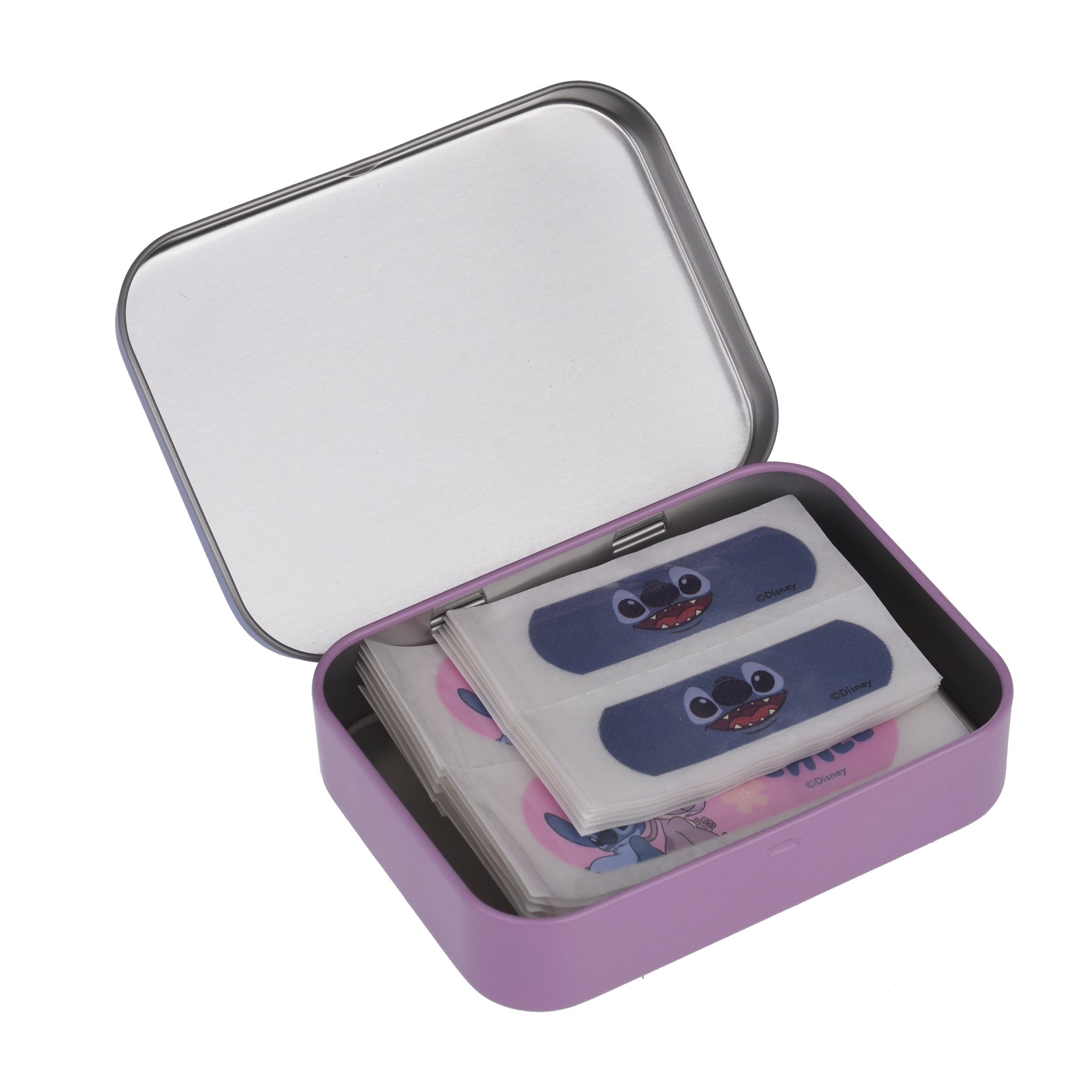 Opened metal tin with hinged lid, holding Stitch plasters in two sizes