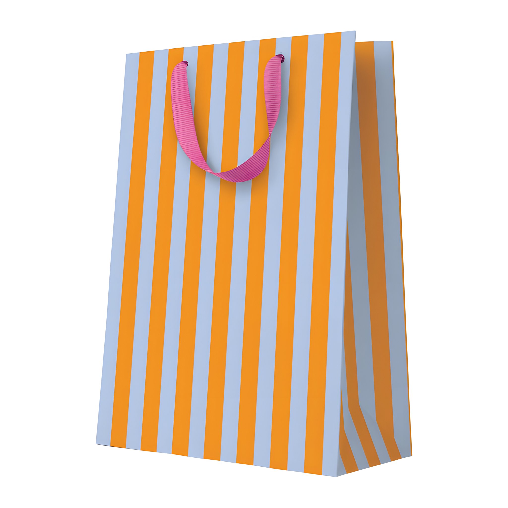Large gift bag with orange and light blue stripes by Ohh Deer with ribbon handles on a white background