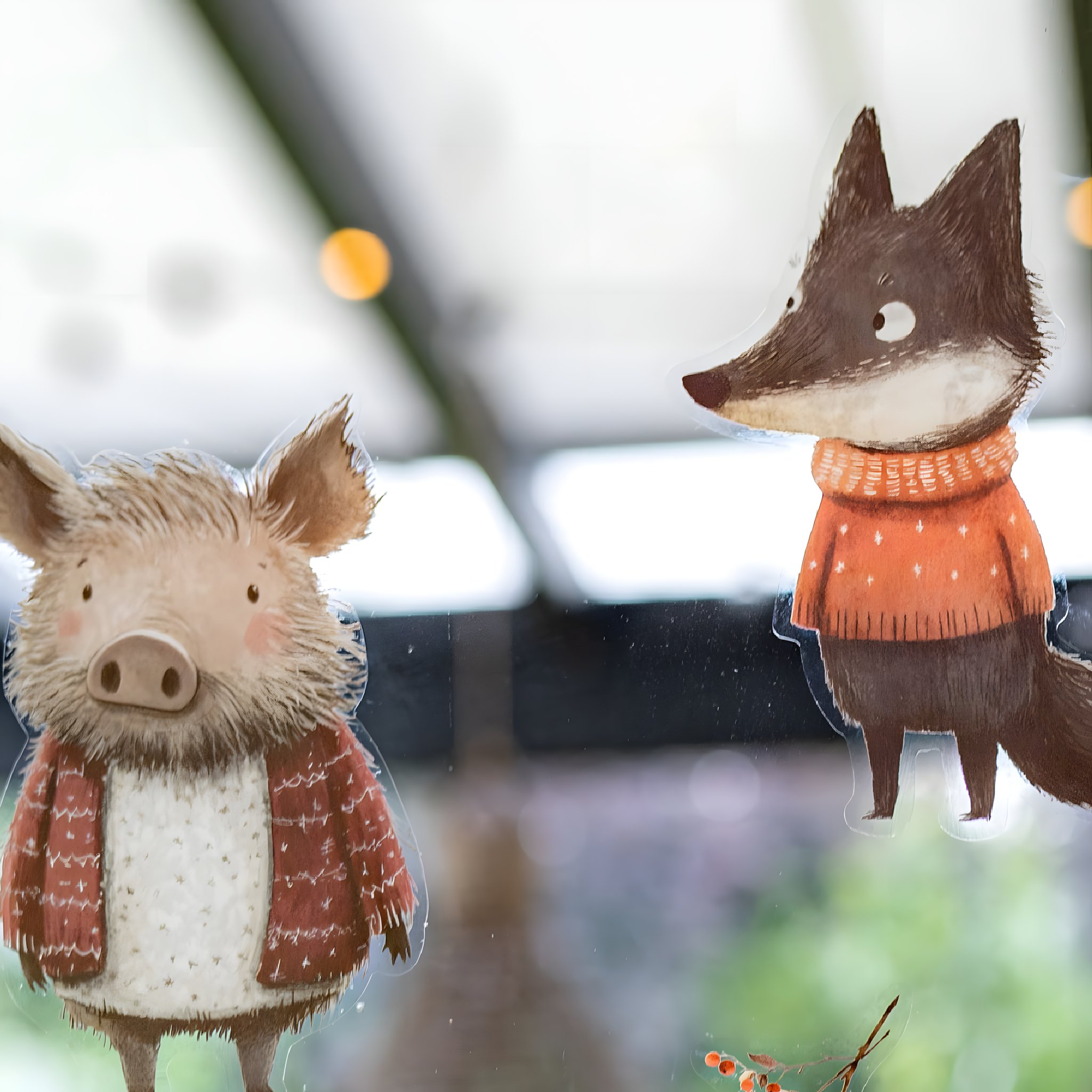 Fensterbilder Waldtiere: Wildschwein und Fuchs im Strickpulli haften an der Fensterscheibe, Garten dahinter