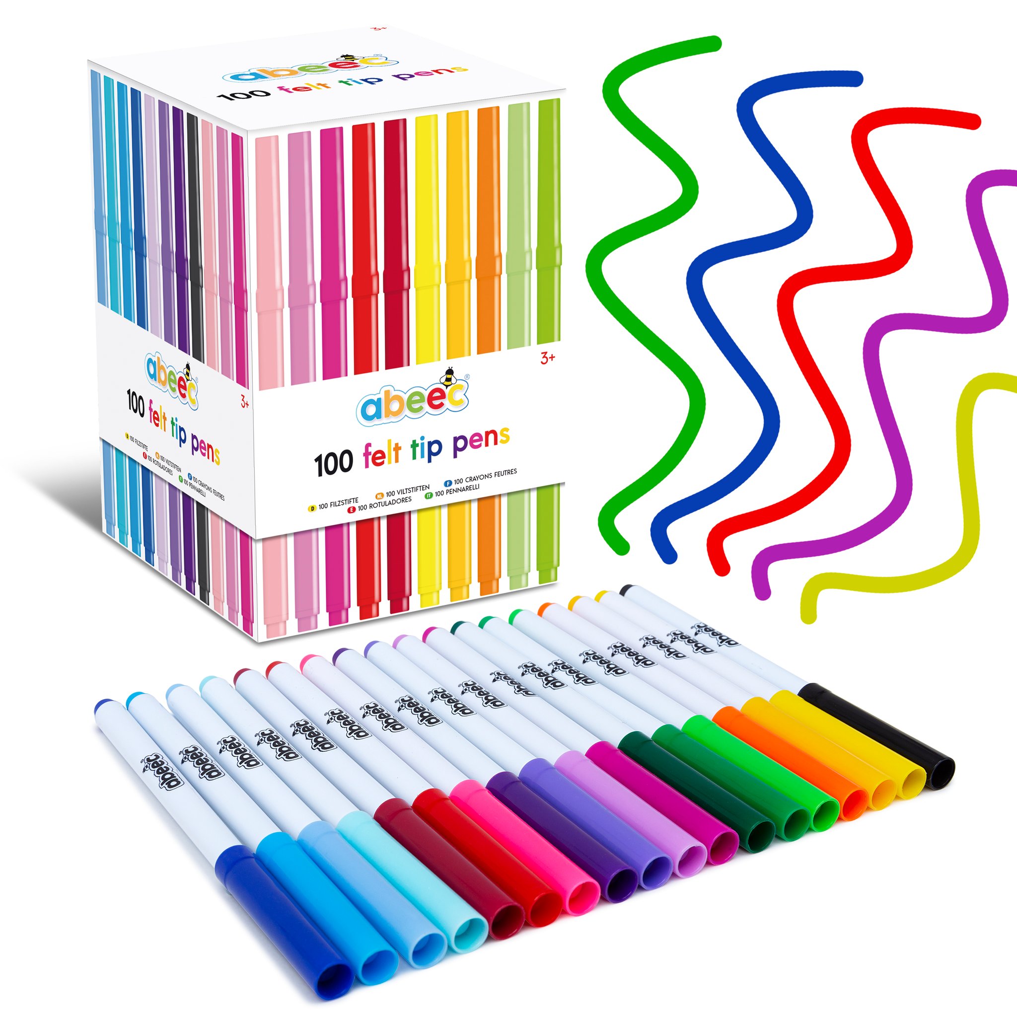 abeec 100 Filzstifte Set mit Box und aufgereihten Stiften