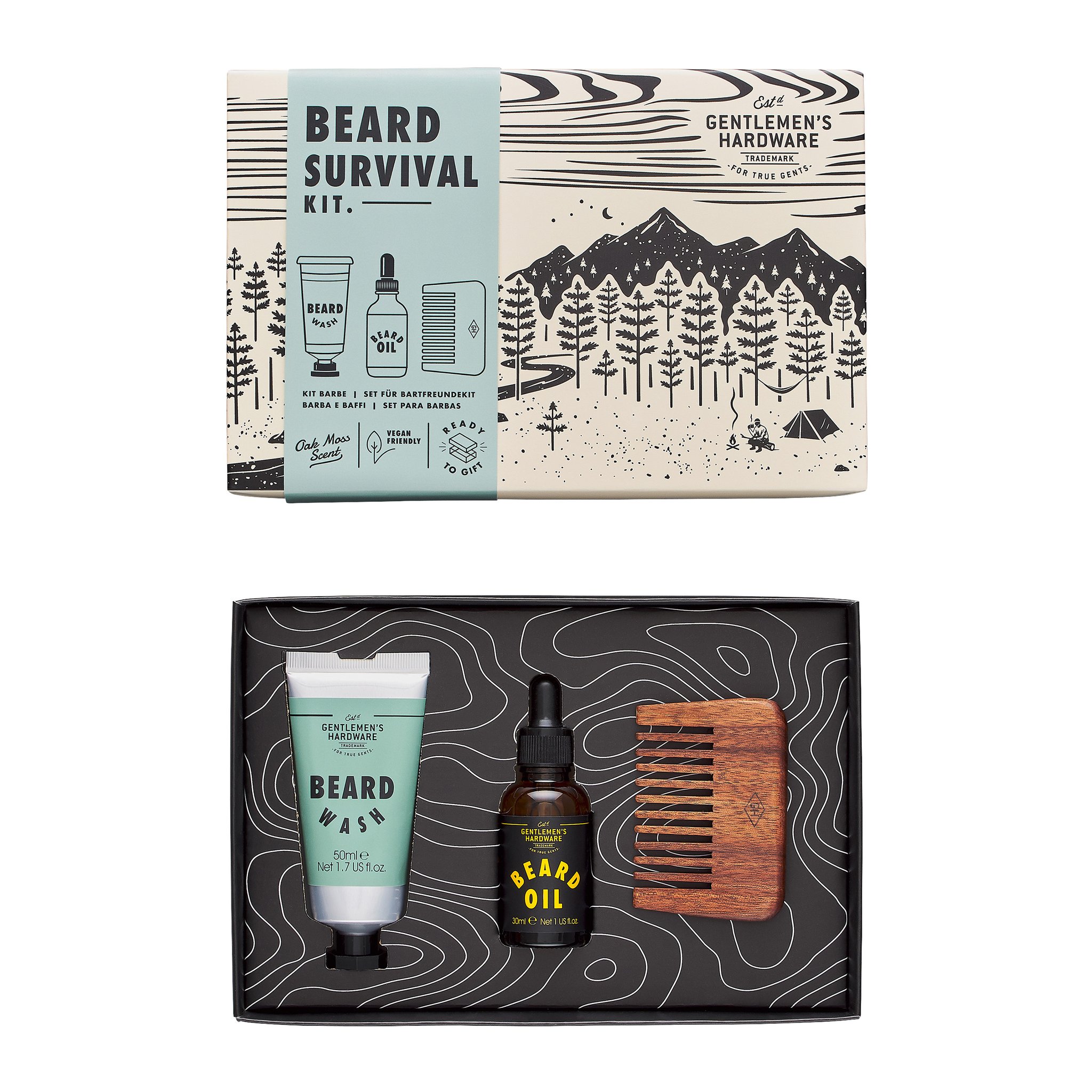 Beard Survival Kit: geschlossene Schachtel mit Waldmotiv oben, darunter offen Bartwasch, Bartöl und Holzkamm
