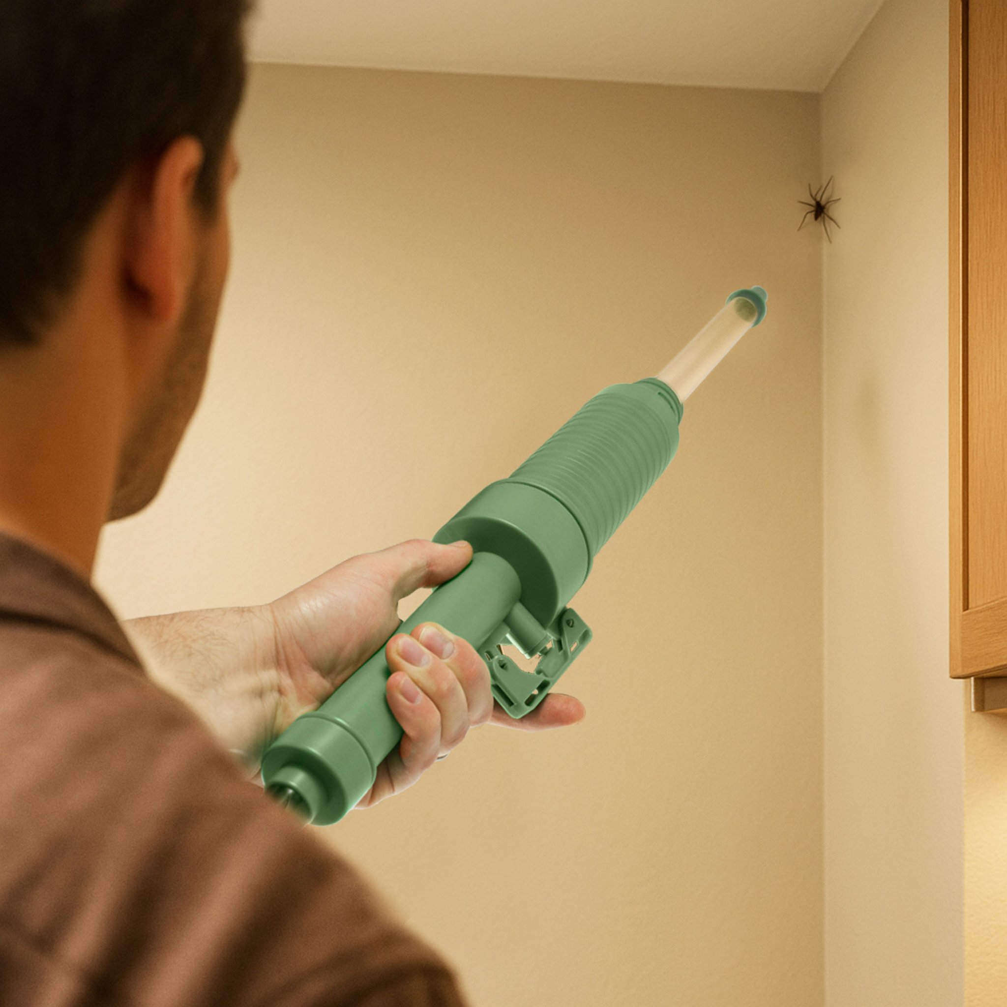 Mann zielt mit dem Pump Action Bug Vac aus sicherem Abstand auf eine Spinne an der Wand