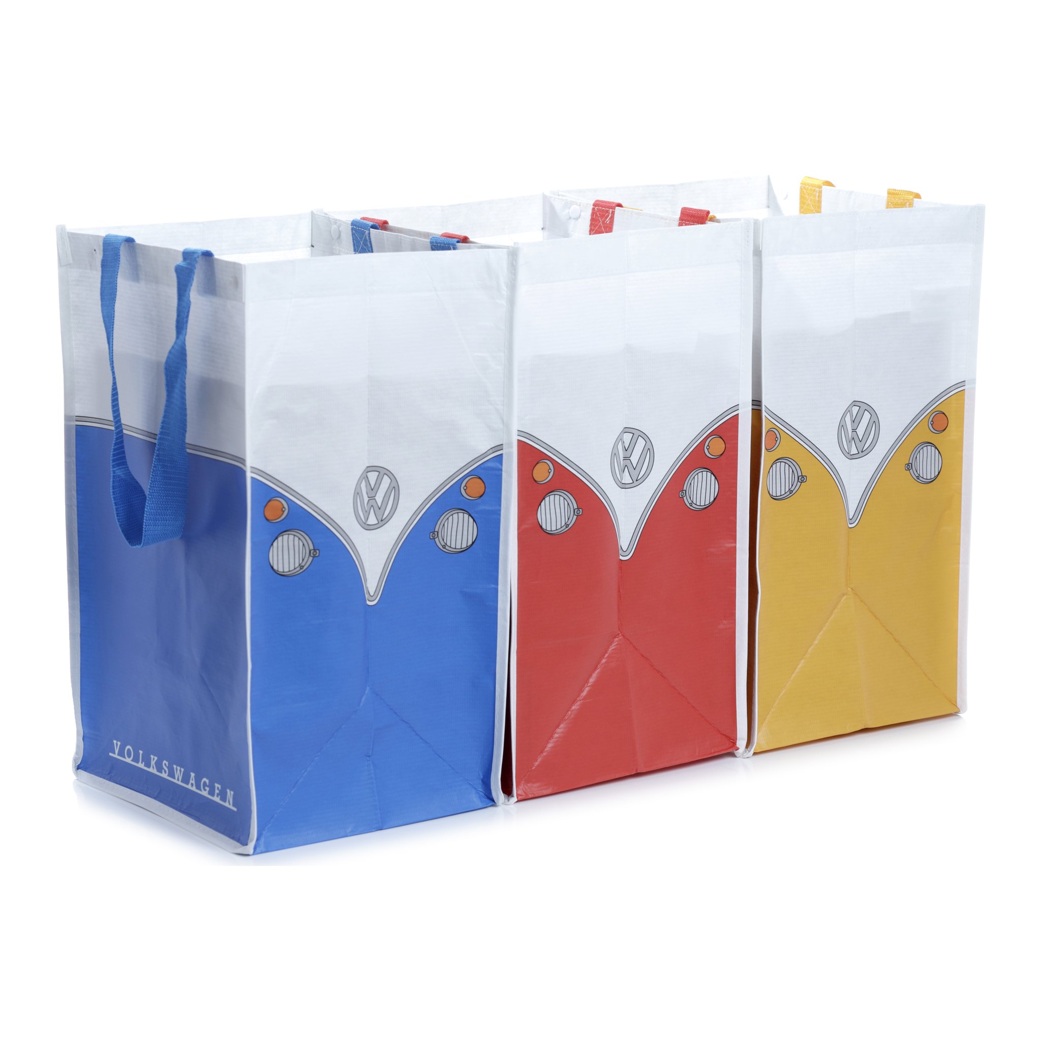 Trois sacs VW T1 bleu, rouge et jaune cote a cote