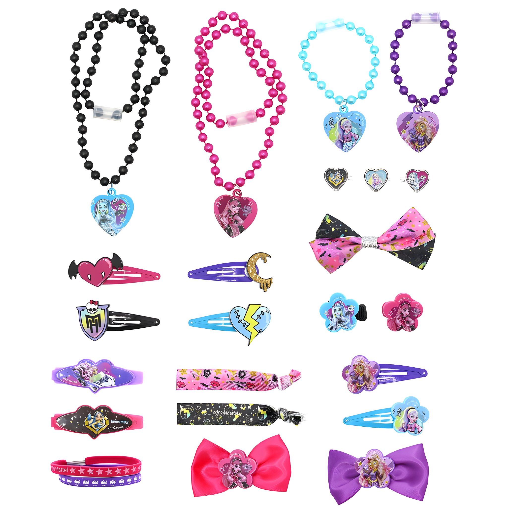 Inhalt des Monster High Adventskalenders: Ketten, Armbänder, Haarspangen, Schleifen, Ringe und Haargummis