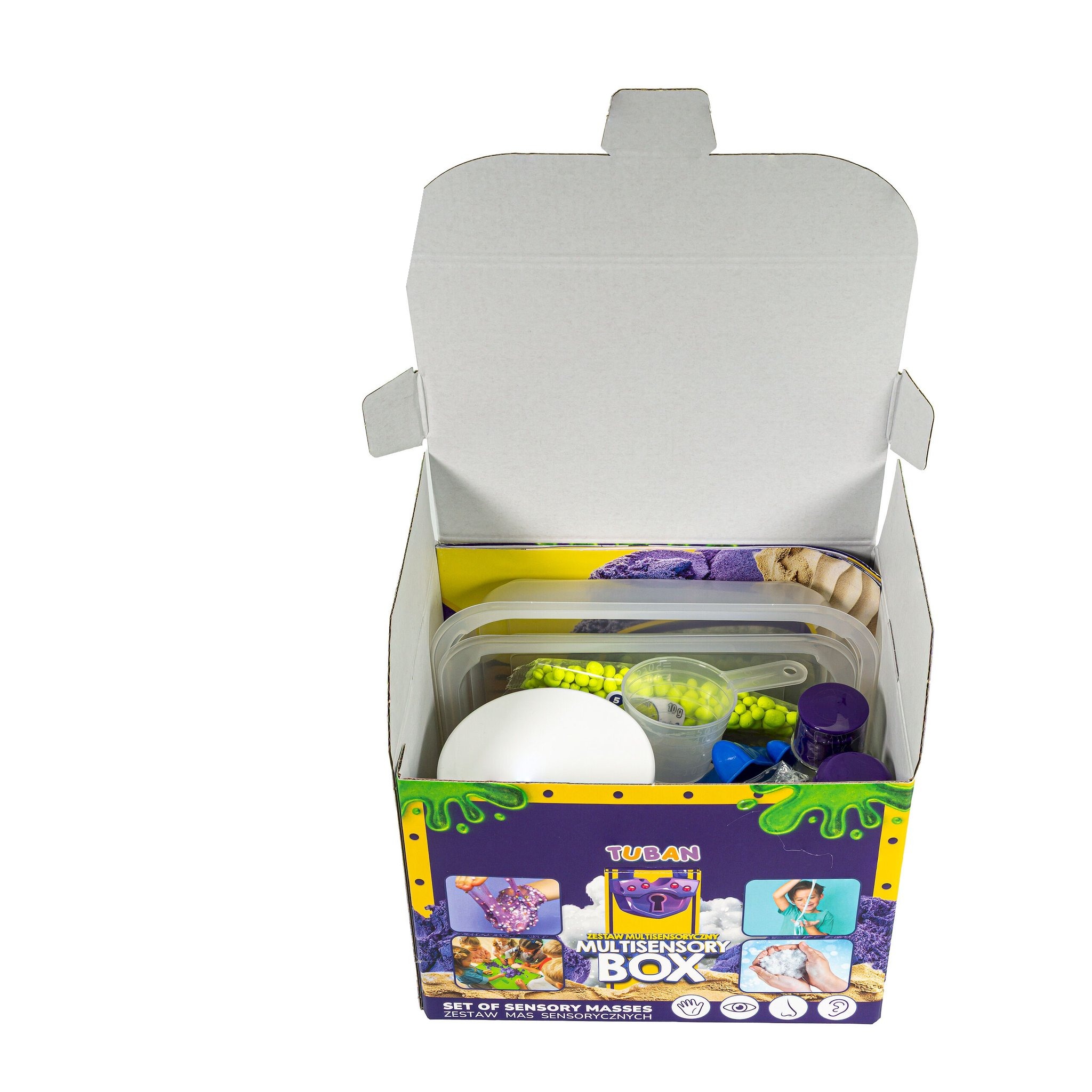Multisensory Box aperta con le masse sensoriali confezionate e le vaschette all'interno