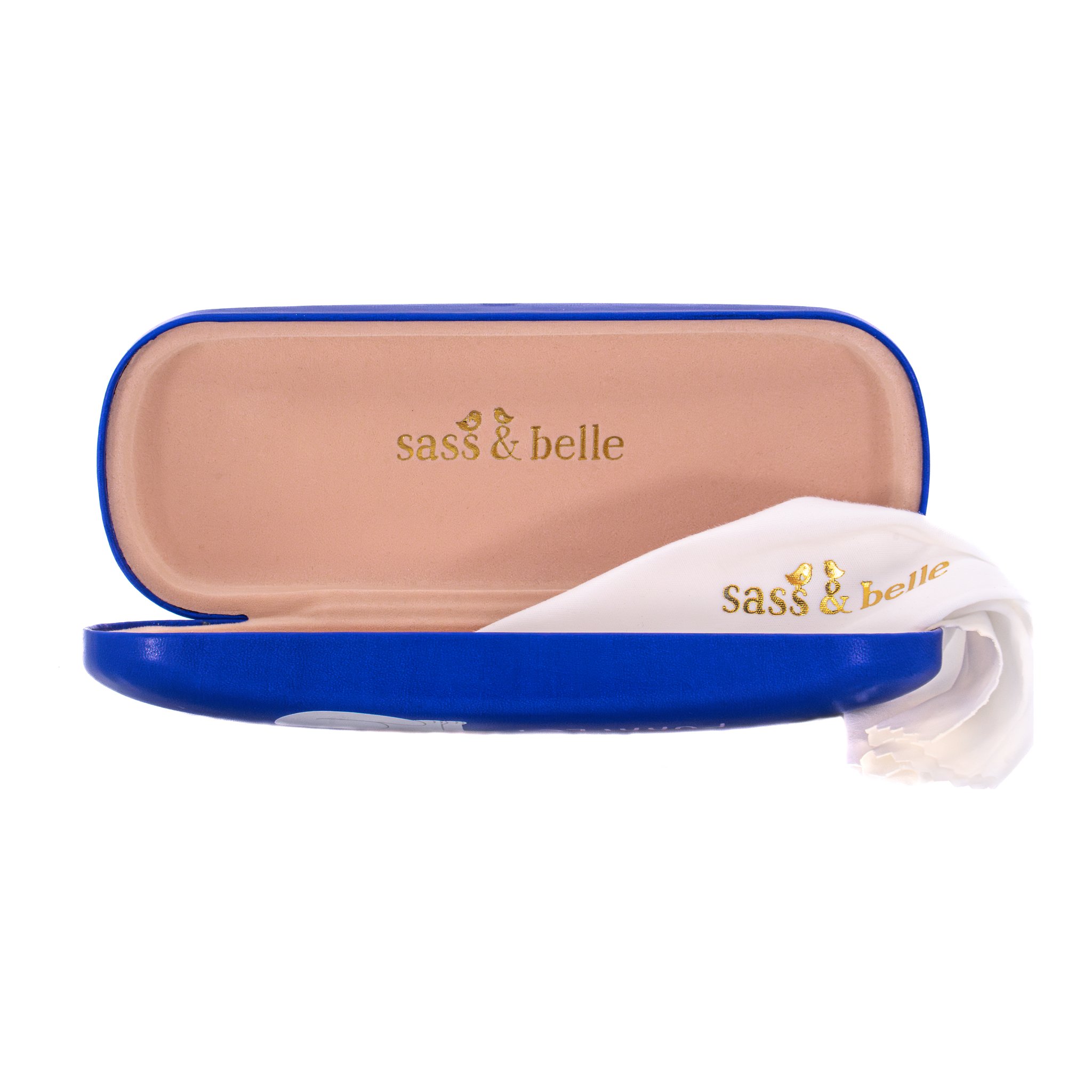 Purrfect cat glasses case opened with beige lining and cleaning cloth