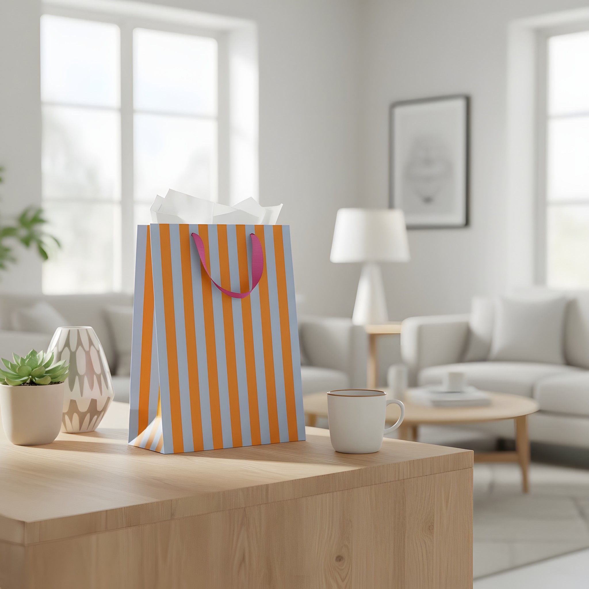 Grand sac cadeau à rayures orange et bleu clair d'Ohh Deer avec papier de soie et tasse sur un buffet dans un salon