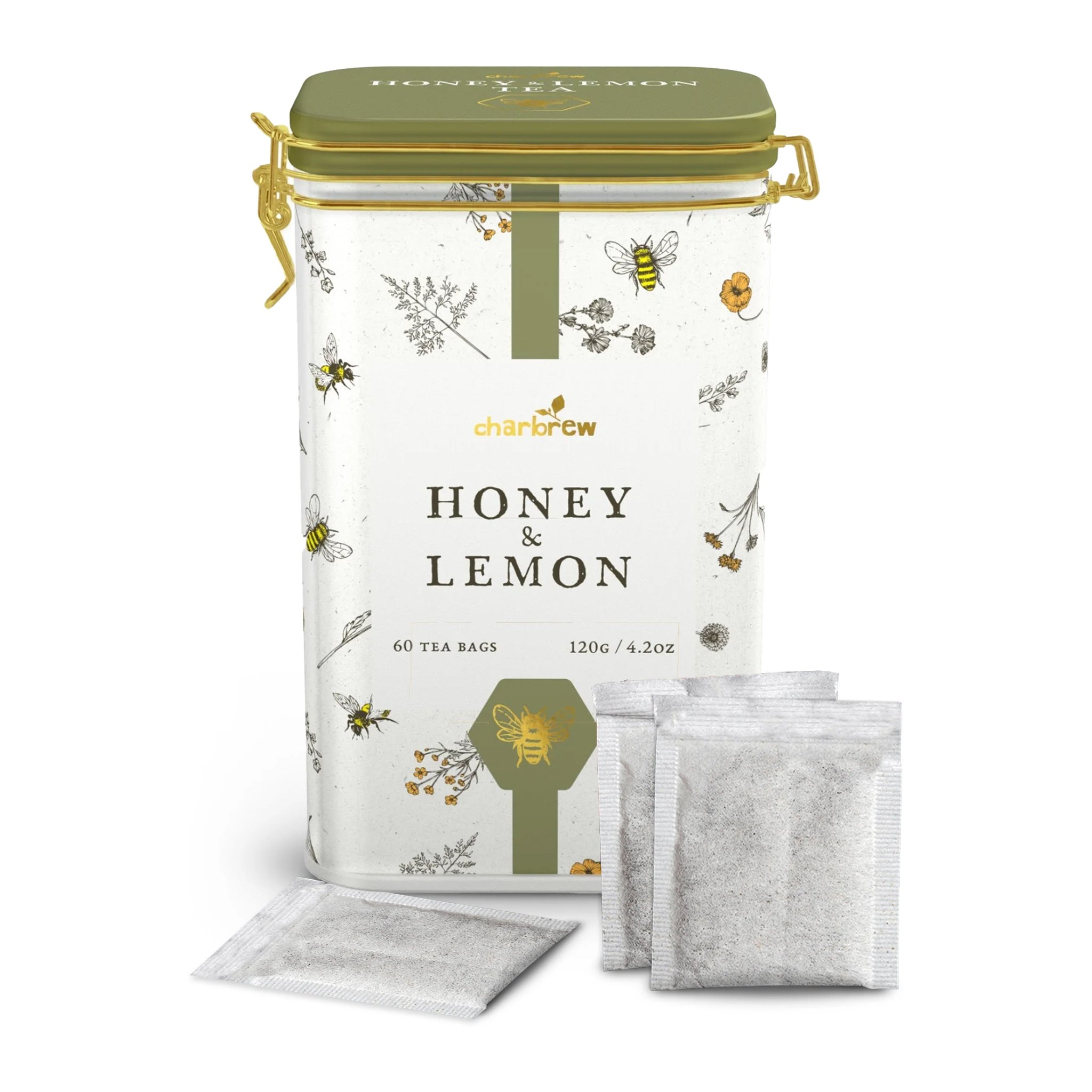 Charbrew Honey & Lemon tea tin with bee design and tea bags in front