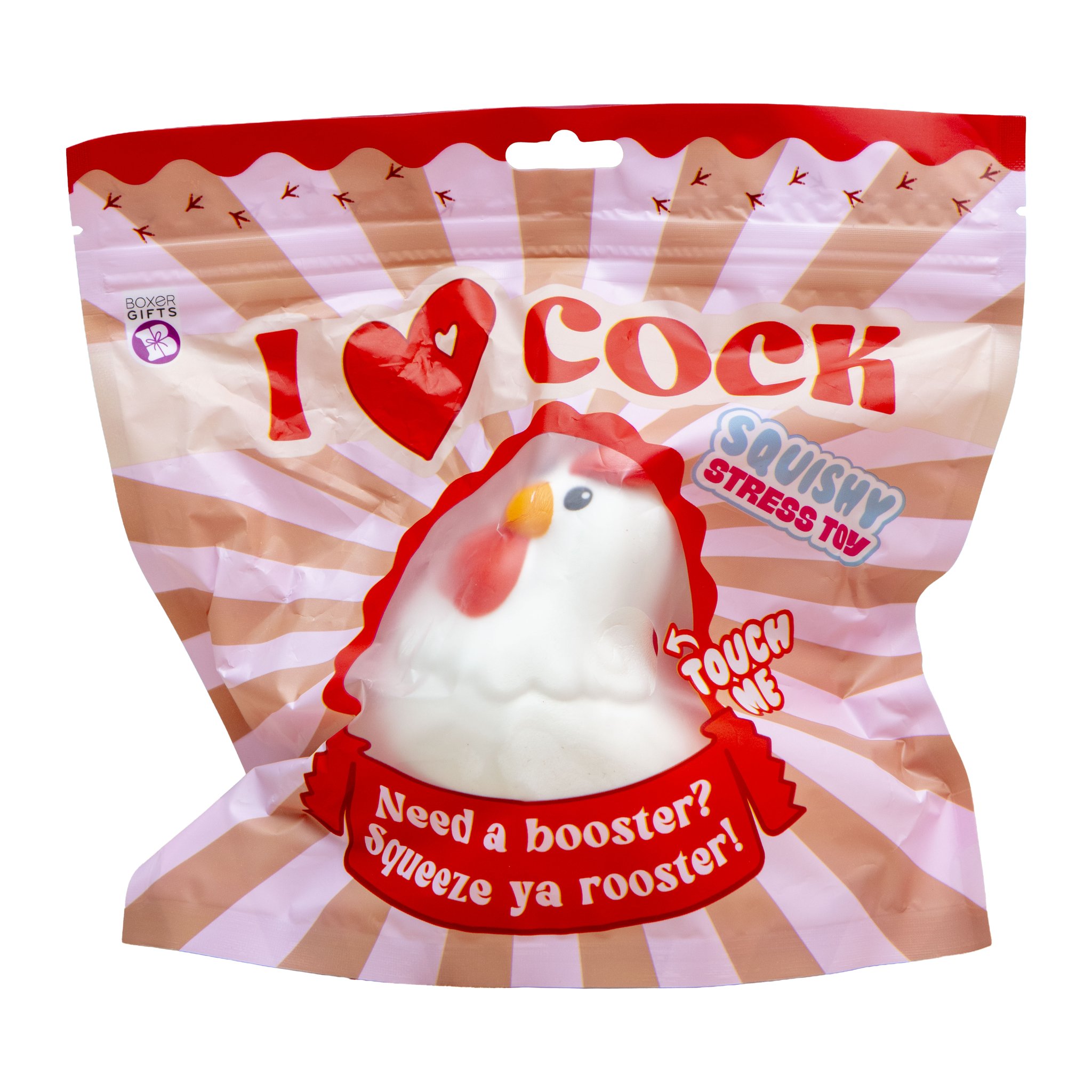 Emballage du squishy coq I Love Cock : sachet imprimé rouge et rose avec motif de coq