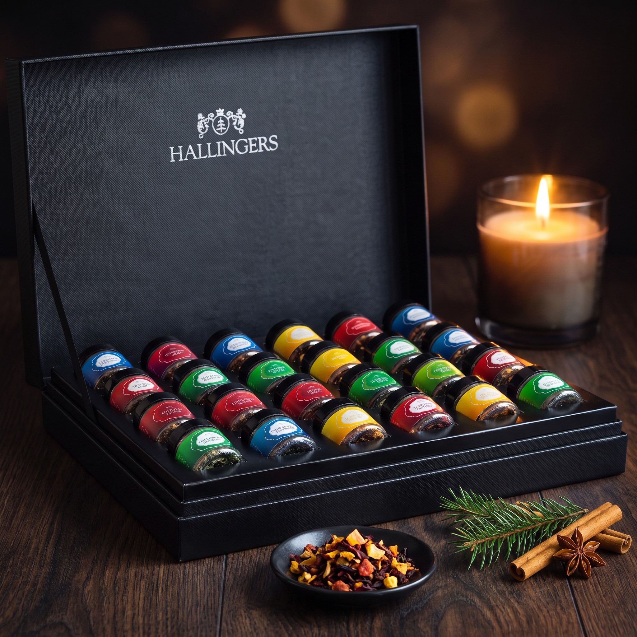 Calendrier de l'Avent du thé Christmas Car ouvert avec 24 pots, thé en vrac, cannelle et bougie