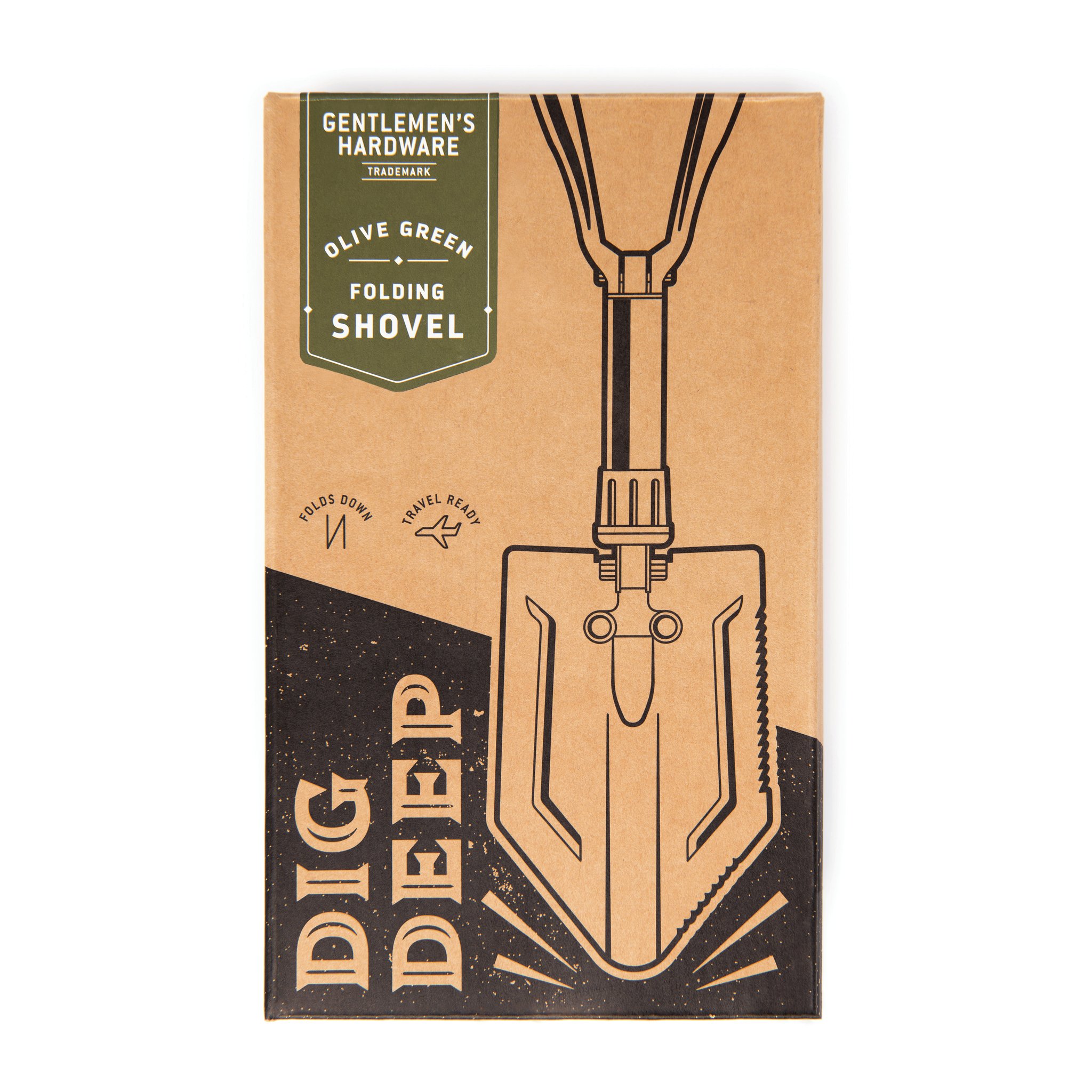 Brown cardboard box for the folding shovel with a green label, a line drawing of the shovel and the words Dig Deep