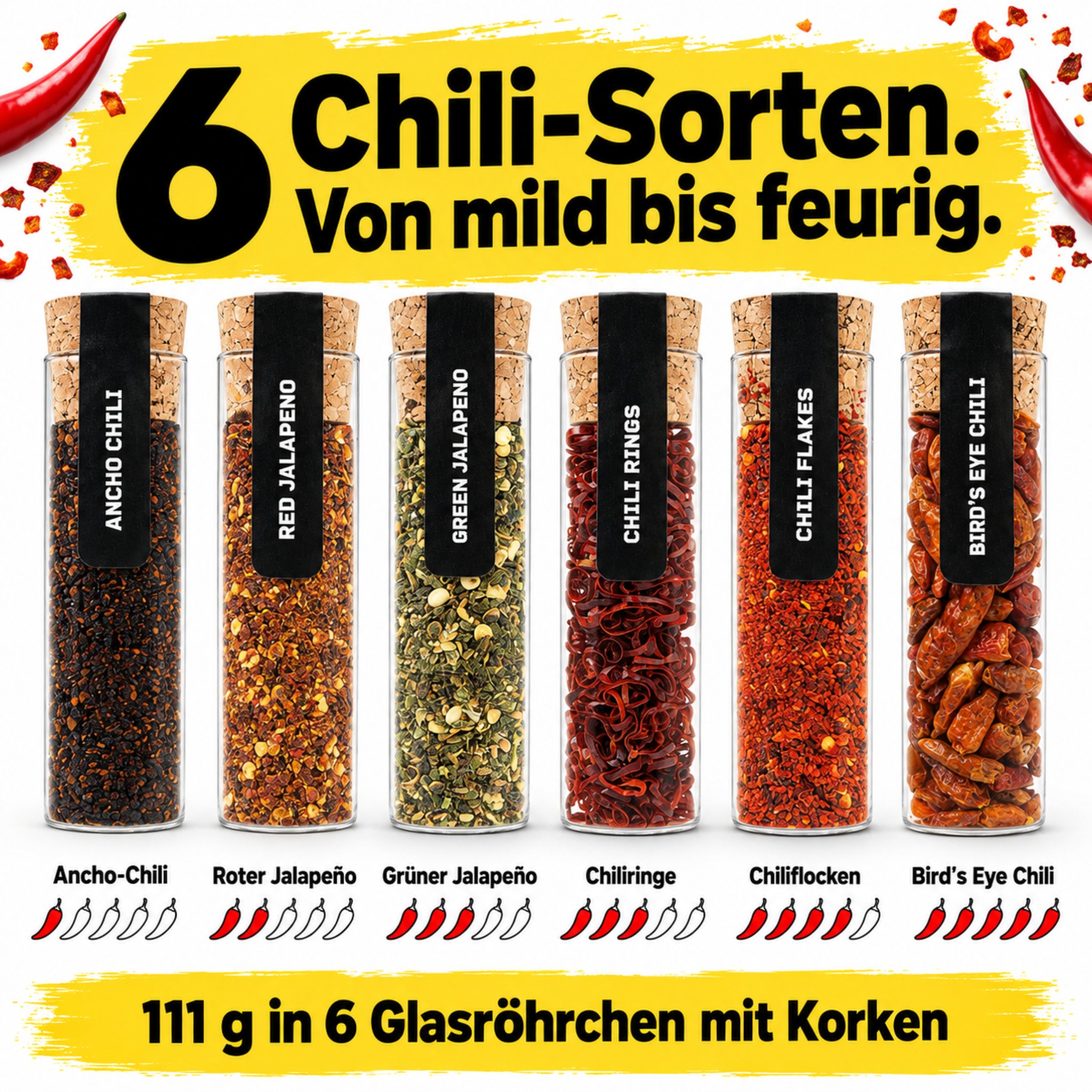 Six chilli varieties of the Welcome to Hell set in corked glass tubes, from mild to fiery