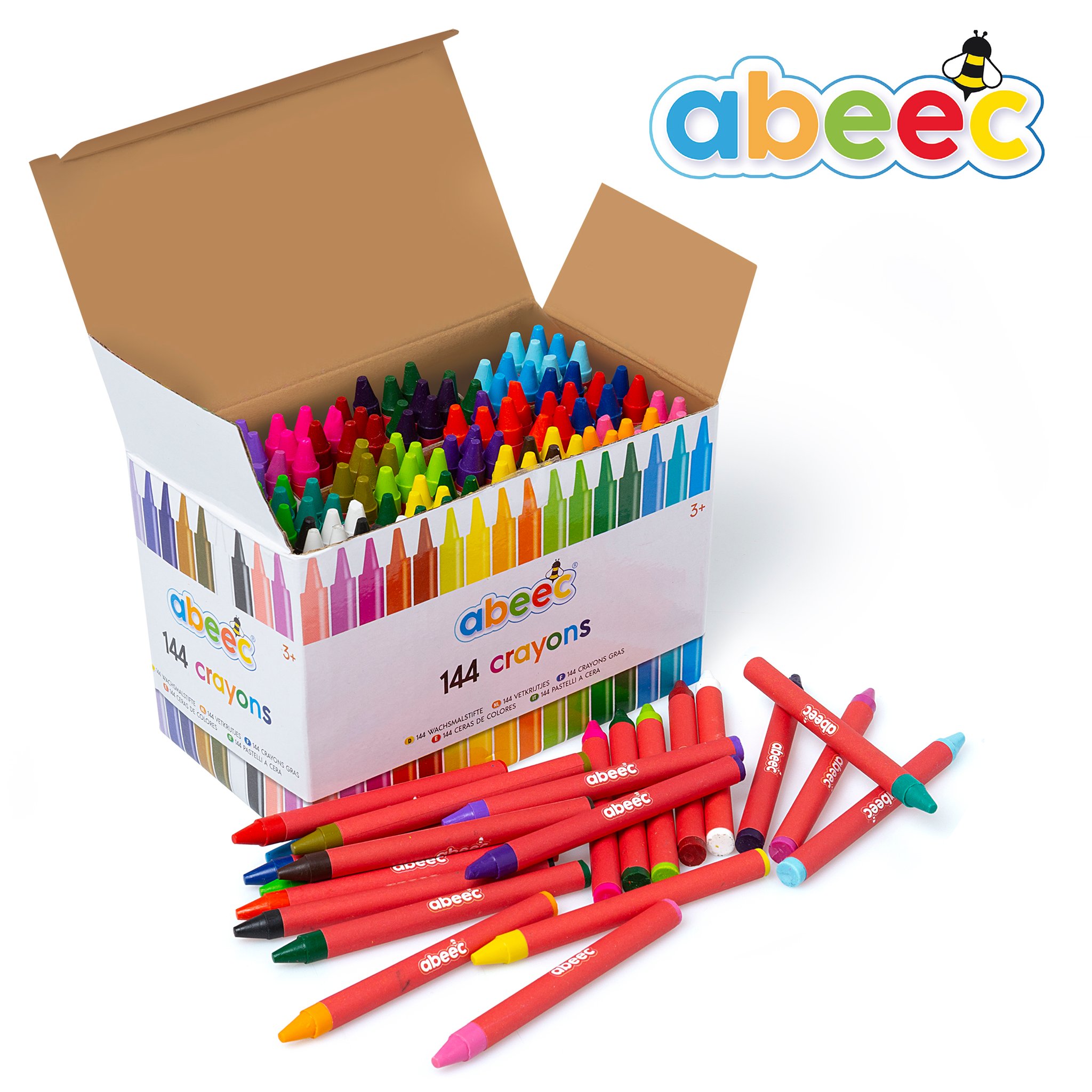 Offene Box mit abeec Wachsmalstiften und ausgekippten Stiften