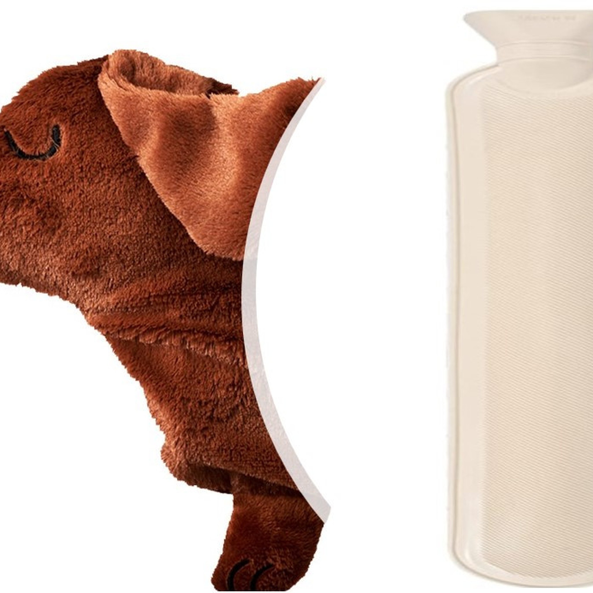 Bouillotte Teckel — housse en peluche et bouillotte en caoutchouc séparées