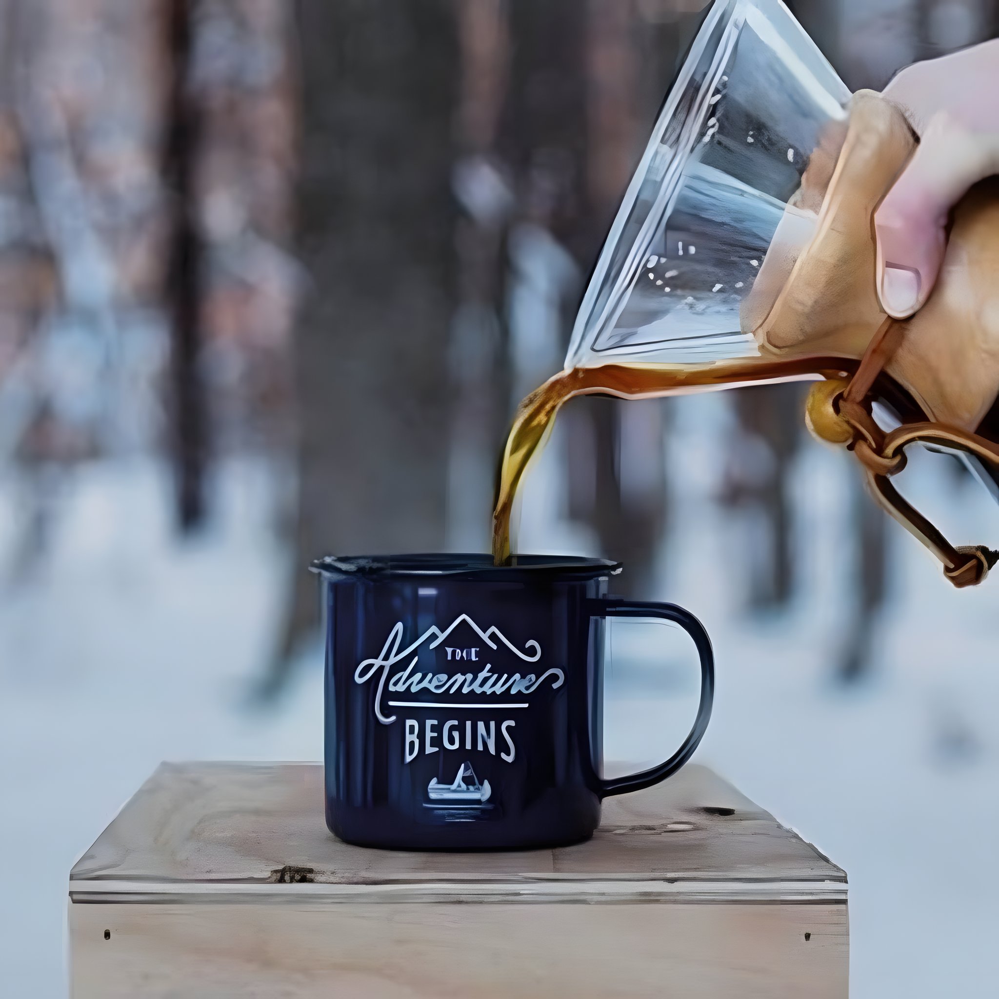 Kaffee wird aus einer Glaskaraffe in die Navy Adventure Begins Emailletasse auf einer Holzkiste im Schnee gegossen