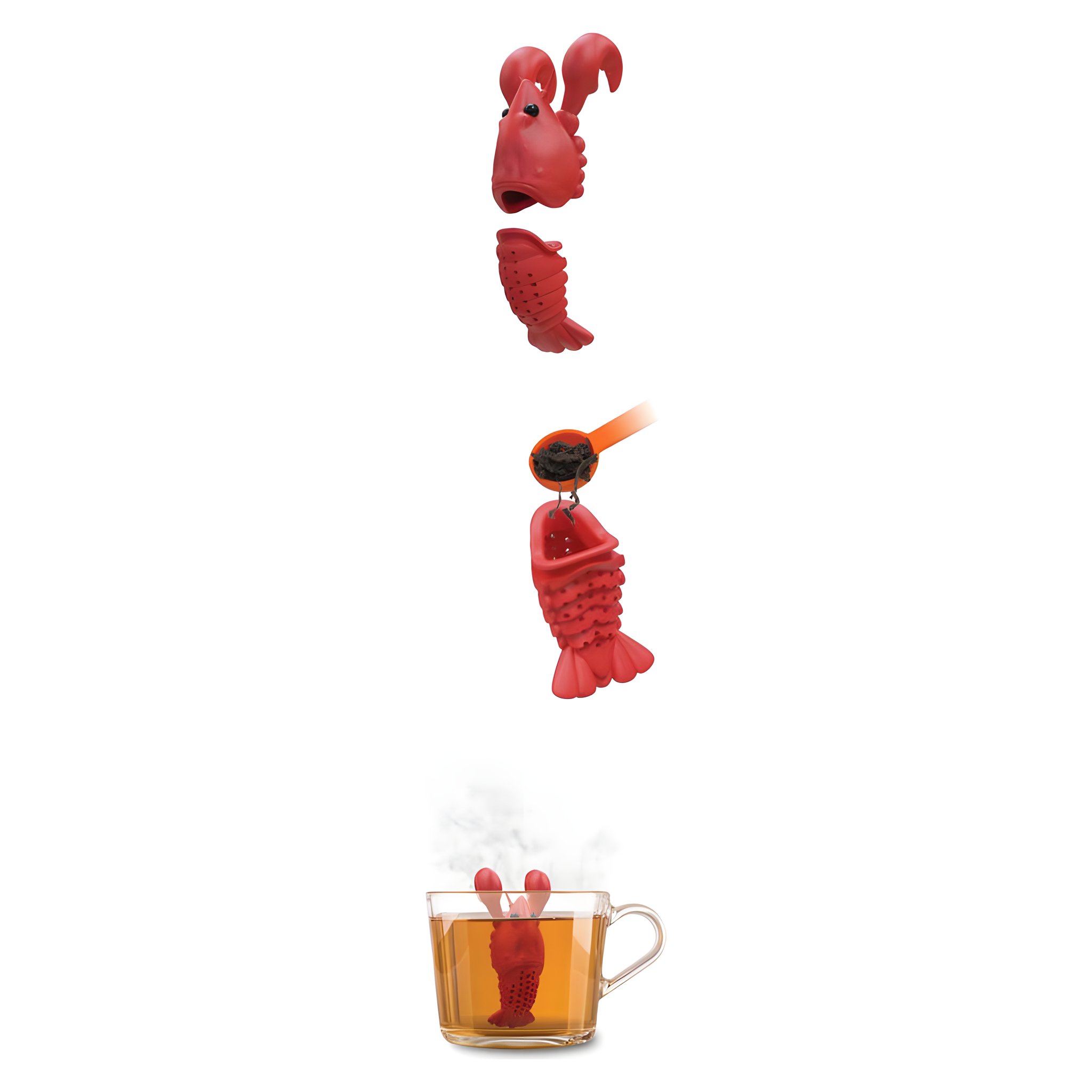 Anwendung des Hummer Tee-Eis: aufklappen, losen Tee einfuellen, in der Tasse ziehen lassen