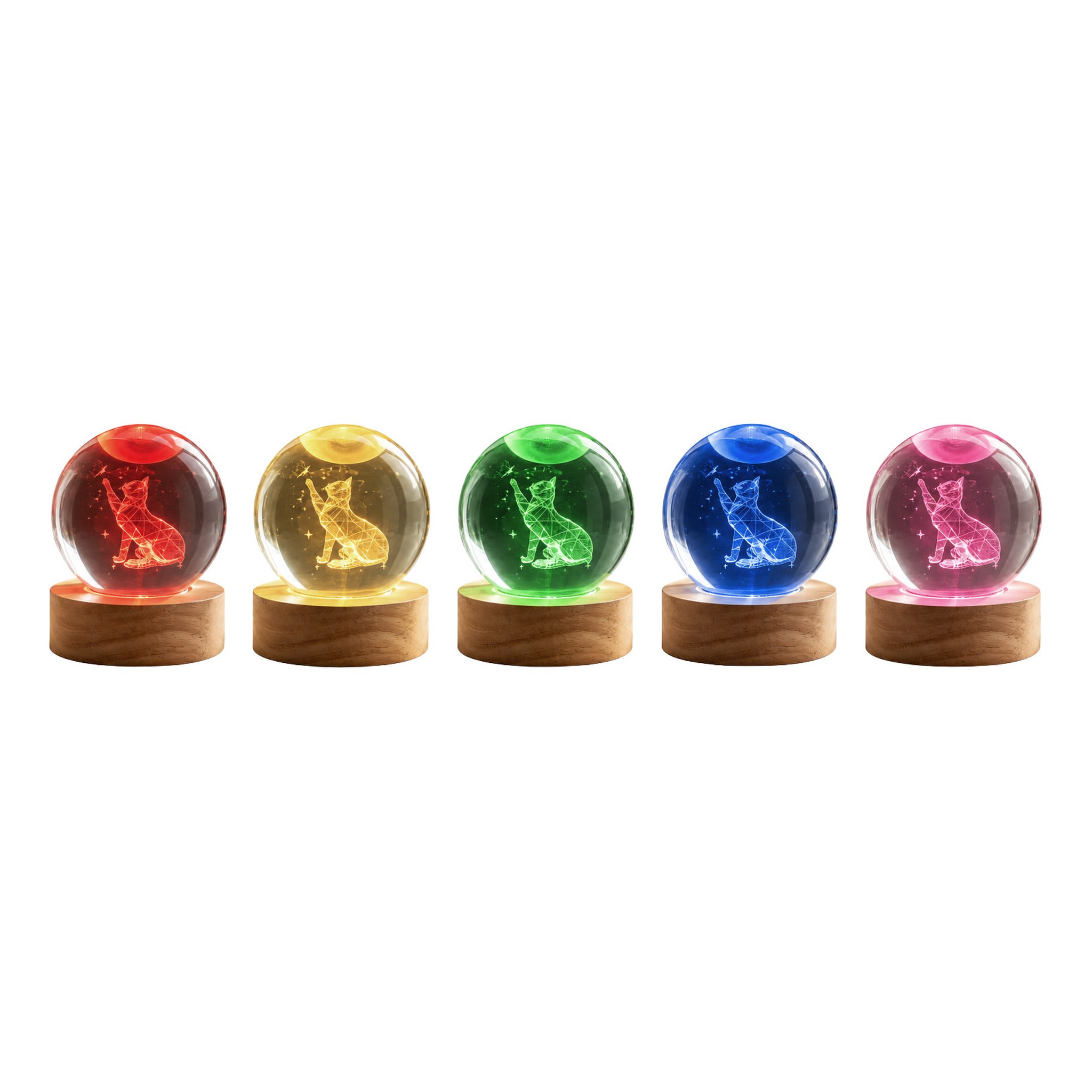 Cat crystal ball shown in five light colours side by side
