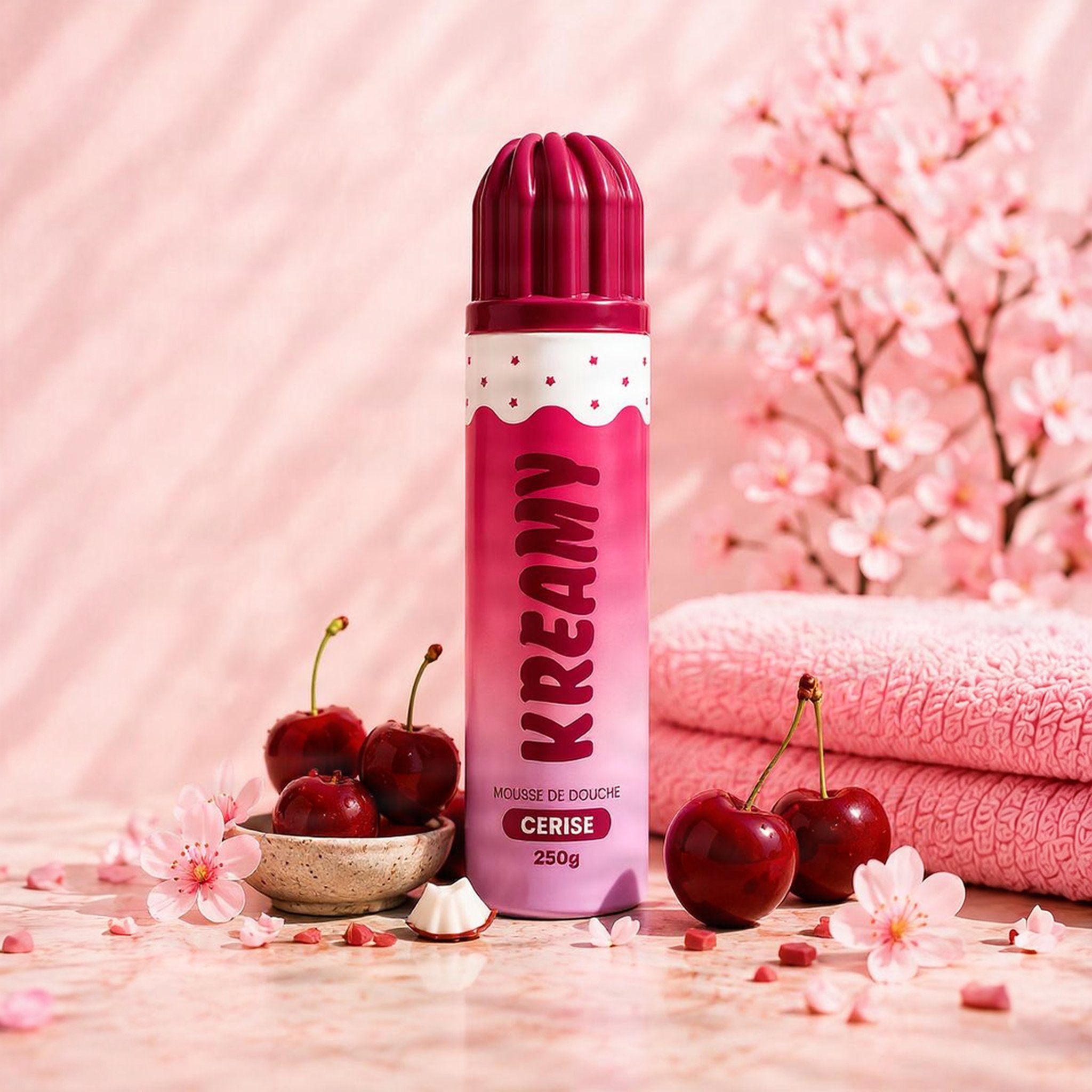 Kreamy Duschschaum Kirsche mit frischen Kirschen und rosa Handtüchern