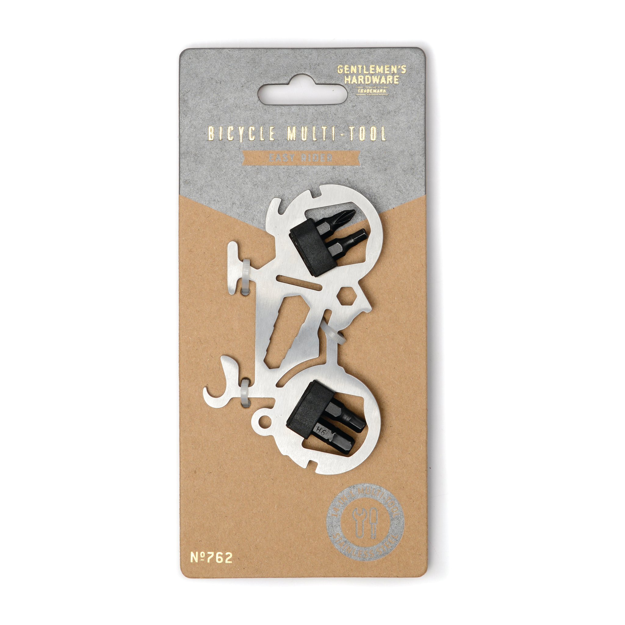 Mini Bicycle Multi-Tool in bike shape mounted on its grey and brown cardboard backing card