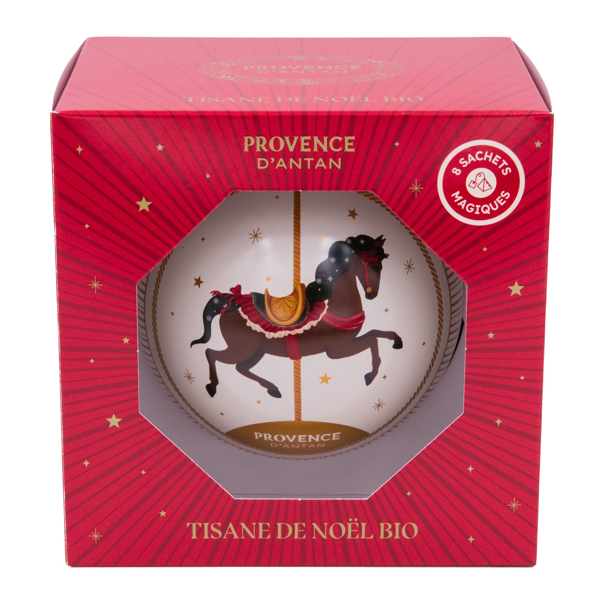 La boule blanc nacré au cheval sombre dans le coffret rouge parsemé d'étoiles dorées.