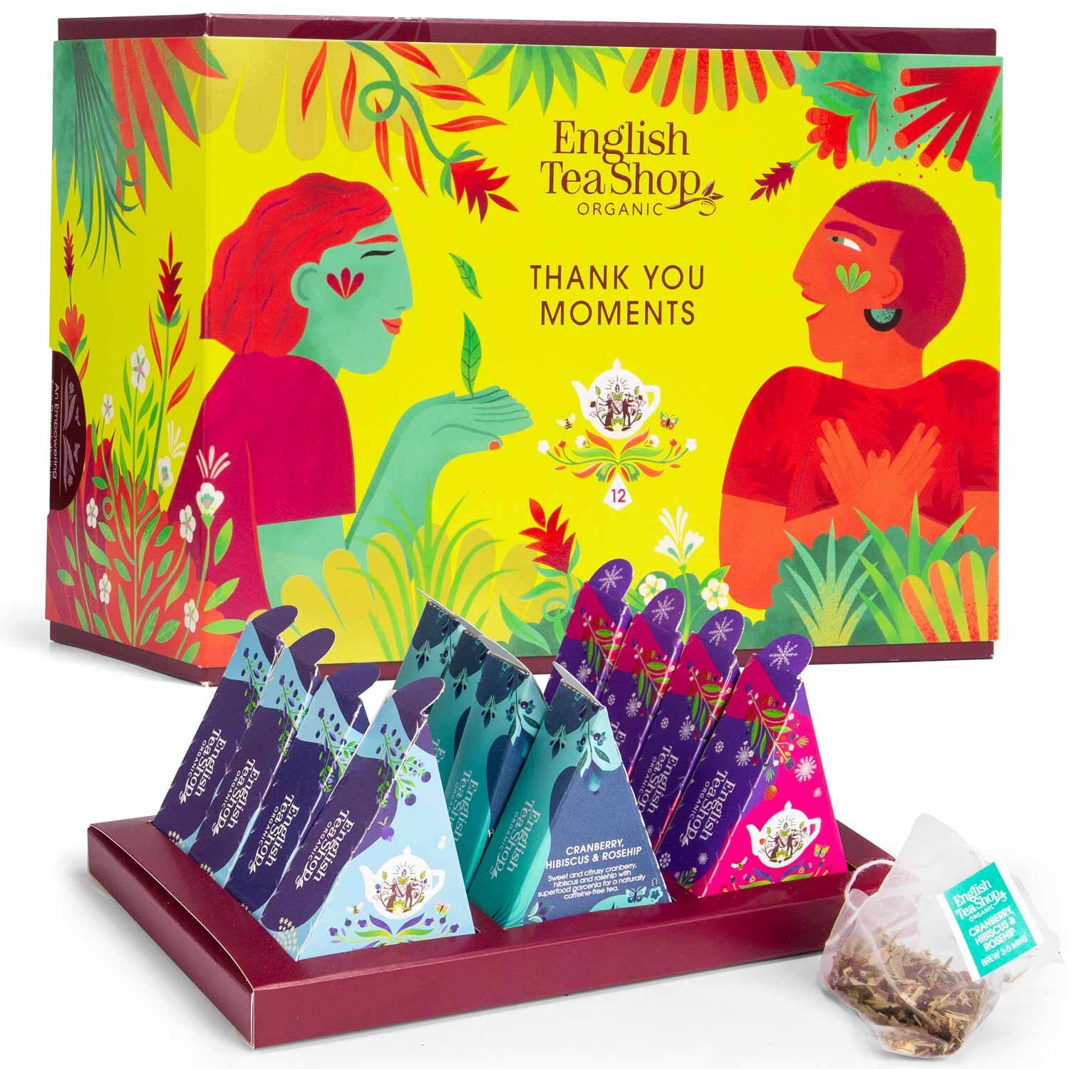 Geschenkbox Thank You BIO Tee Kollektion geöffnet mit 12 Pyramiden-Beuteln