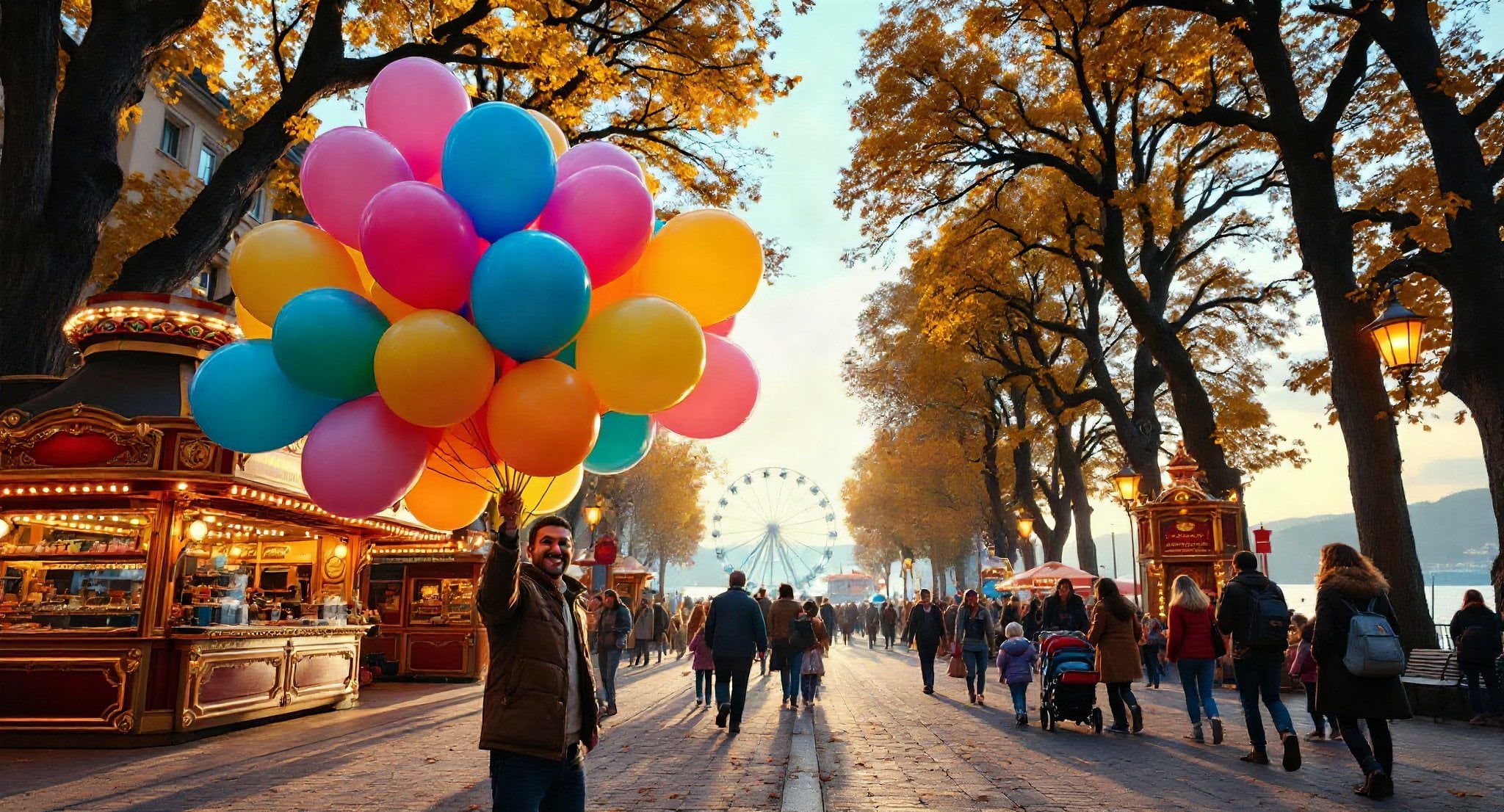 Chilbi im Herbst: Ballonverkäufer mit bunten Ballons, Riesenrad und beleuchtete Stände unter goldenen Platanen