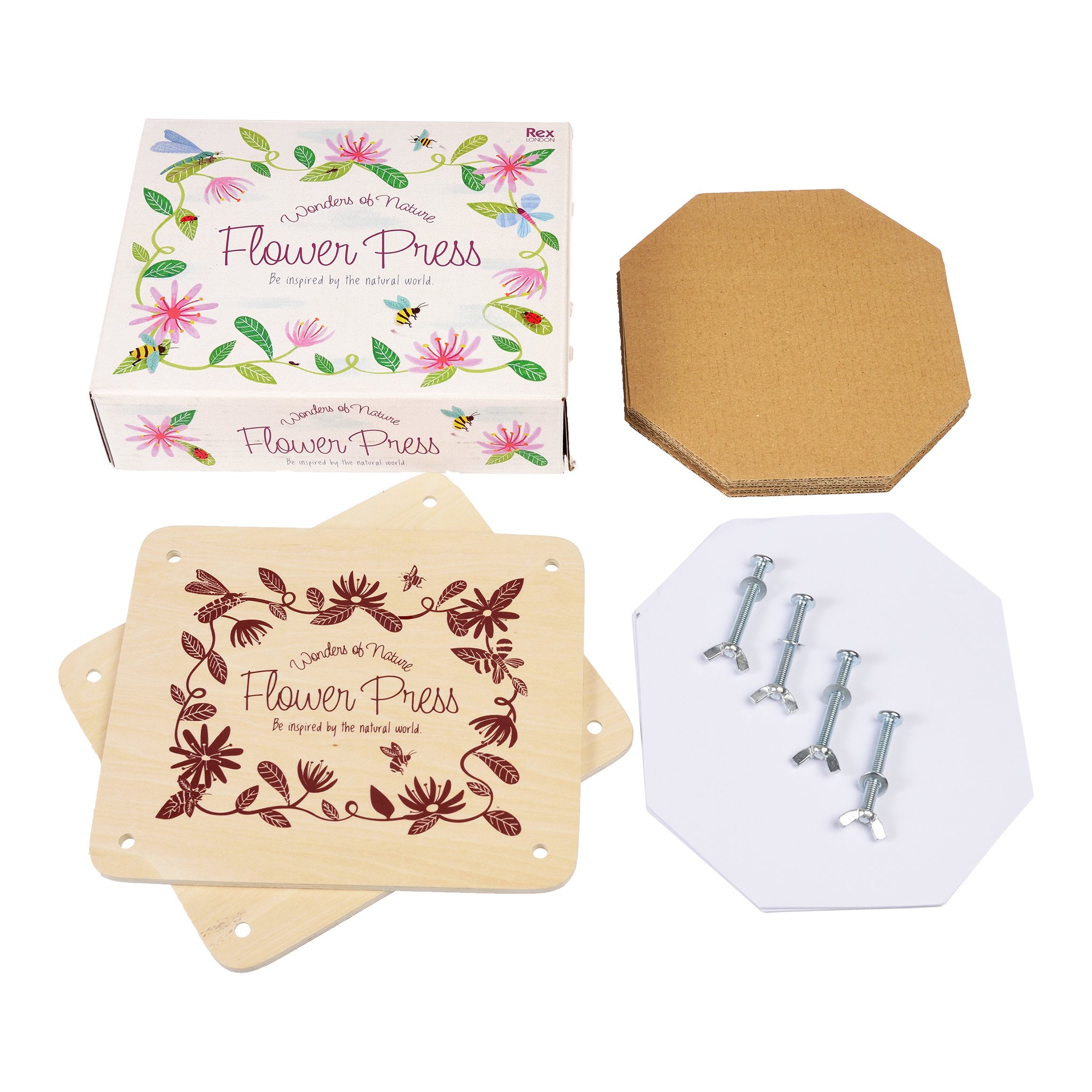 Contenu de la presse-fleurs : plaques en bois, feuilles de carton et papier, vis et boîte