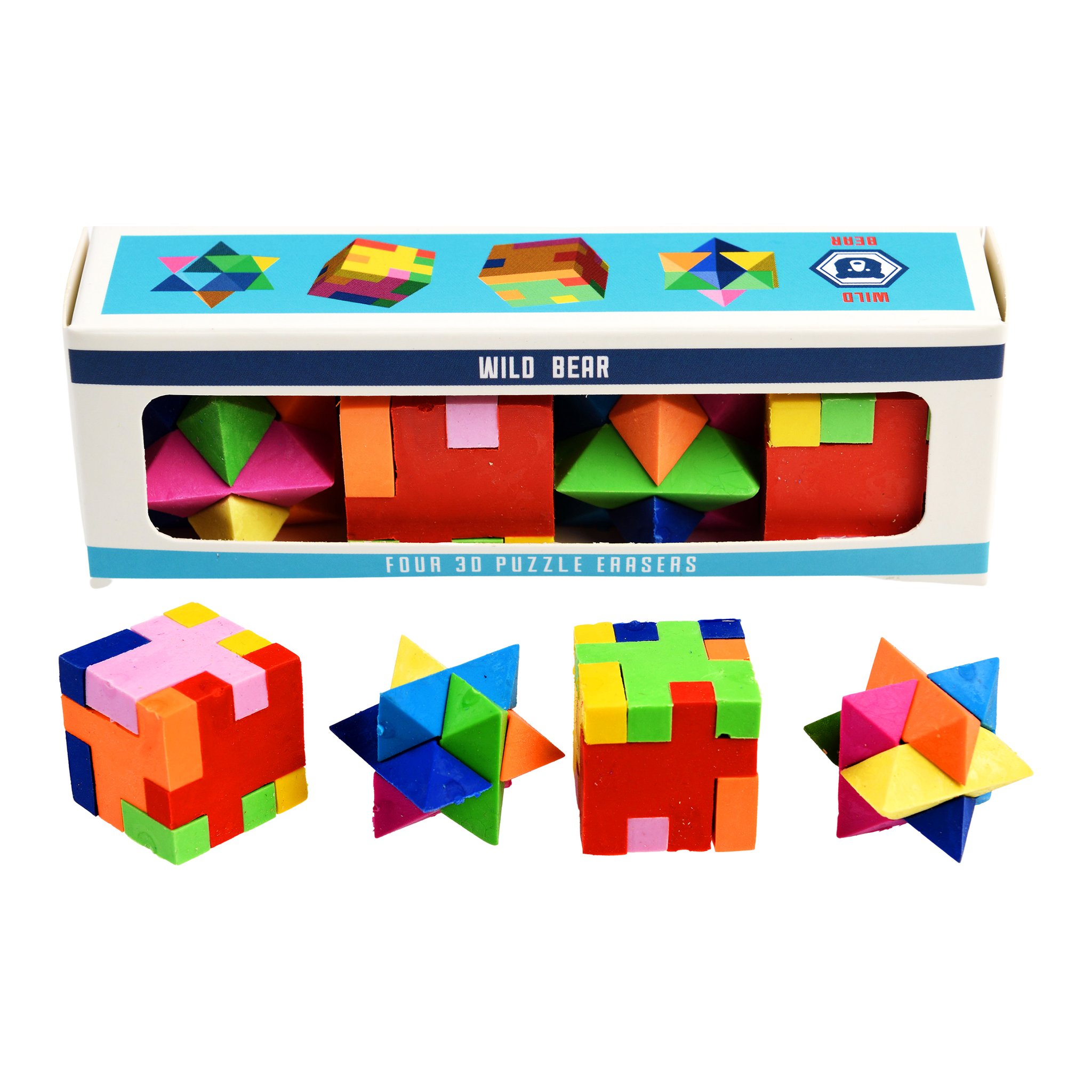 Gommes puzzle 3D devant la boîte « Wild Bear – Four 3D Puzzle Erasers »