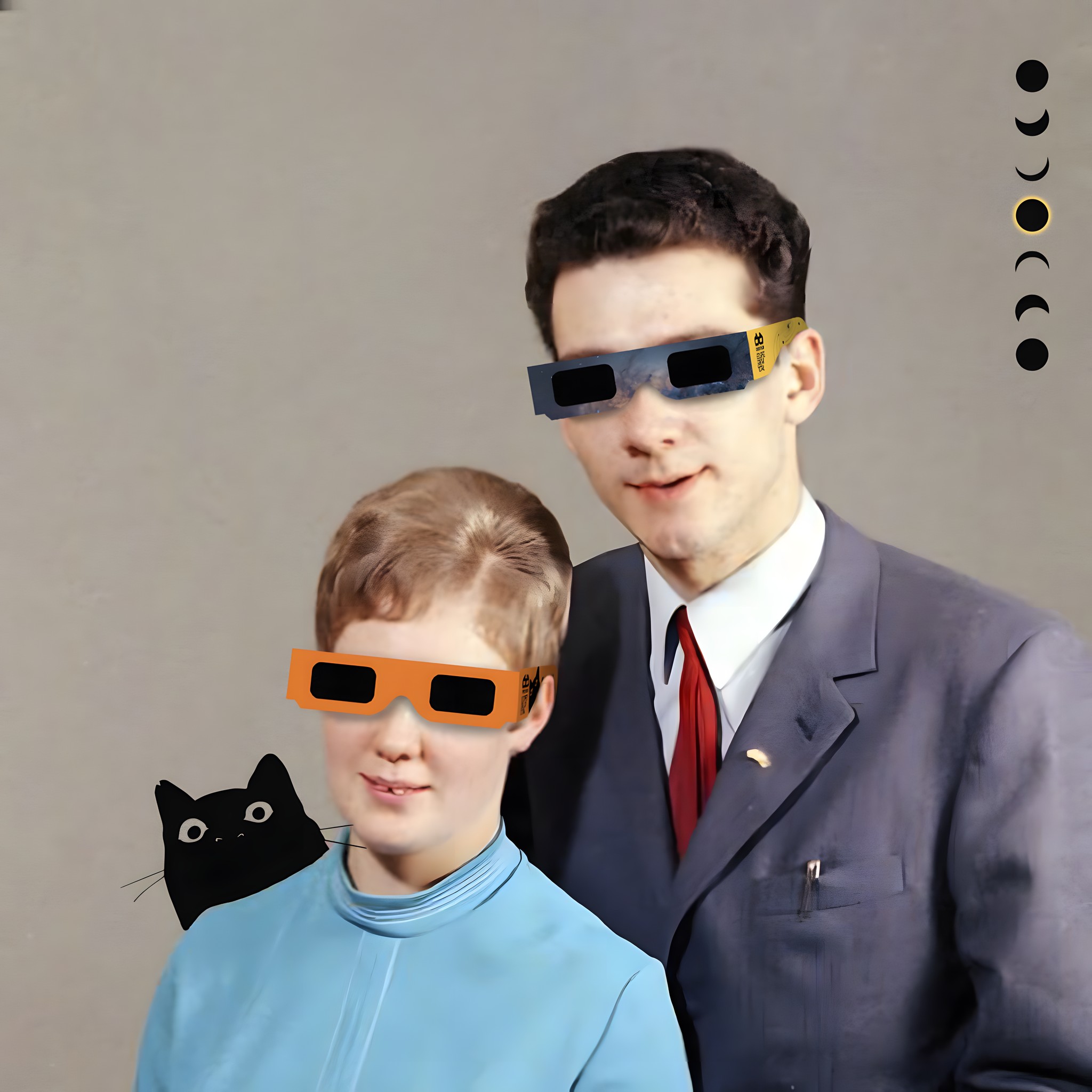 Paar mit Astromo Sonnenfinsternisbrillen in den Designs Nemo und Cosmos – Lieferung assortiert