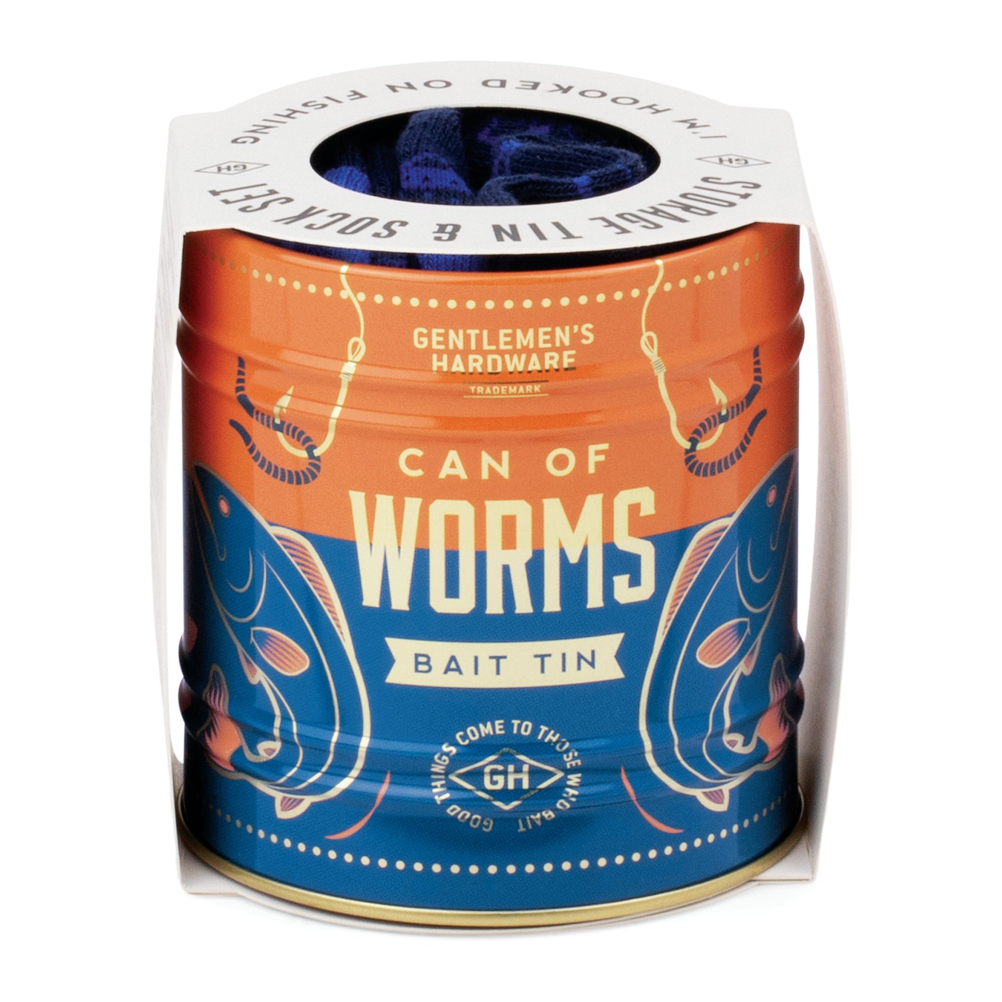 Angel-Sockenset in der orange-blauen Dose «Can of Worms» mit weisser Banderole und blauen Socken in der Öffnung