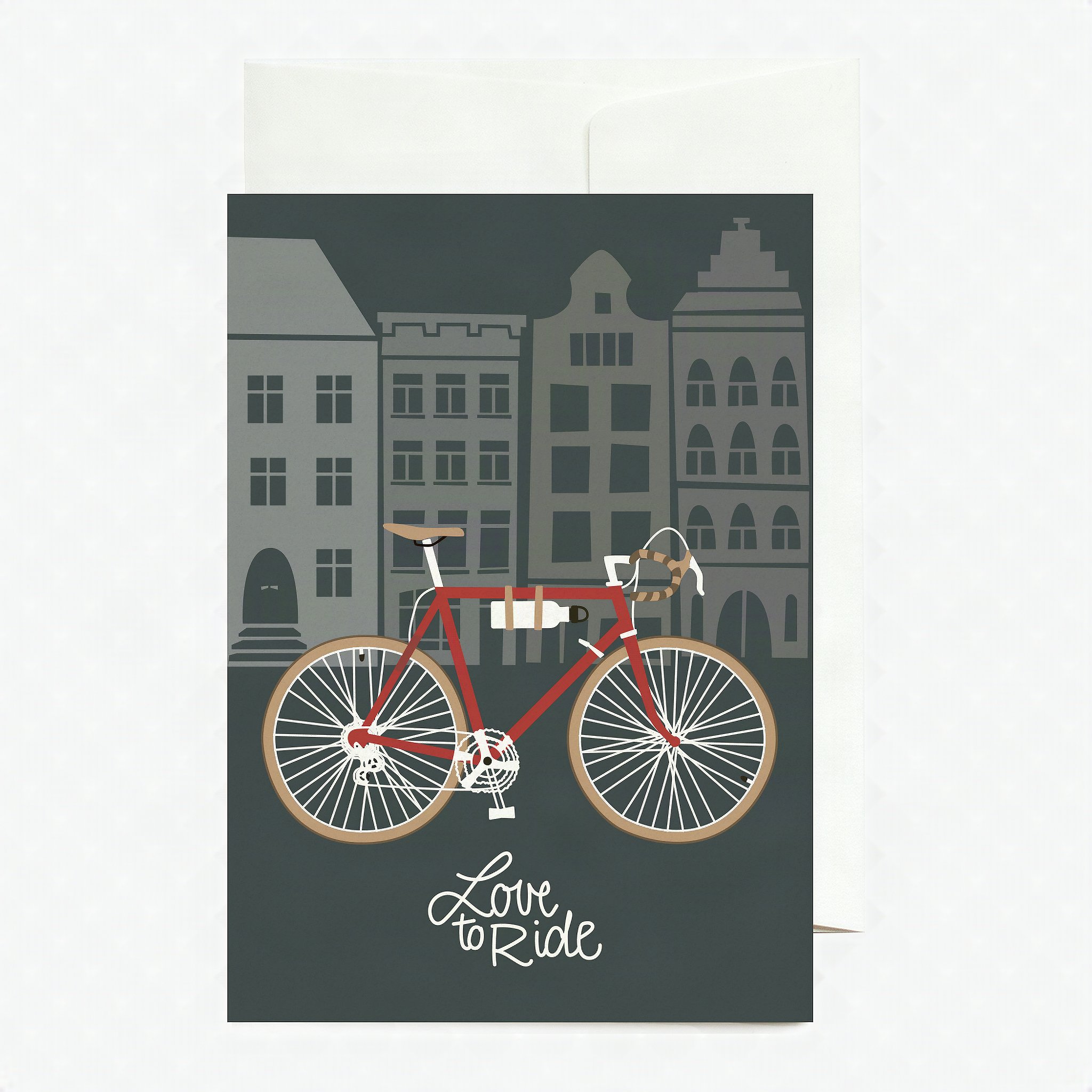 Grusskarte Love To Ride mit Rennrad vor Haeuserzeile