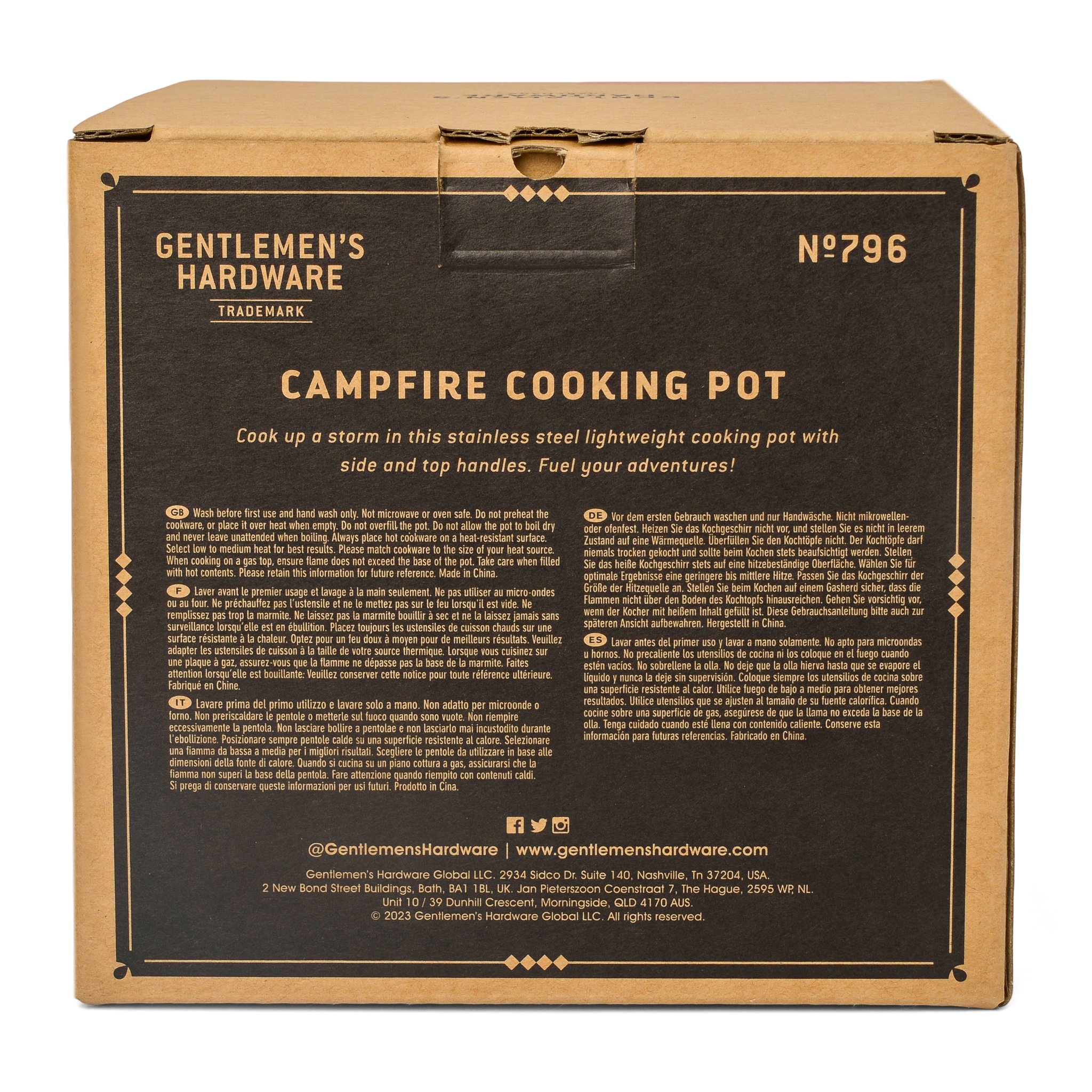 Back of the Campfire Cooking Pot box with a dark panel, product title and small multilingual instructions