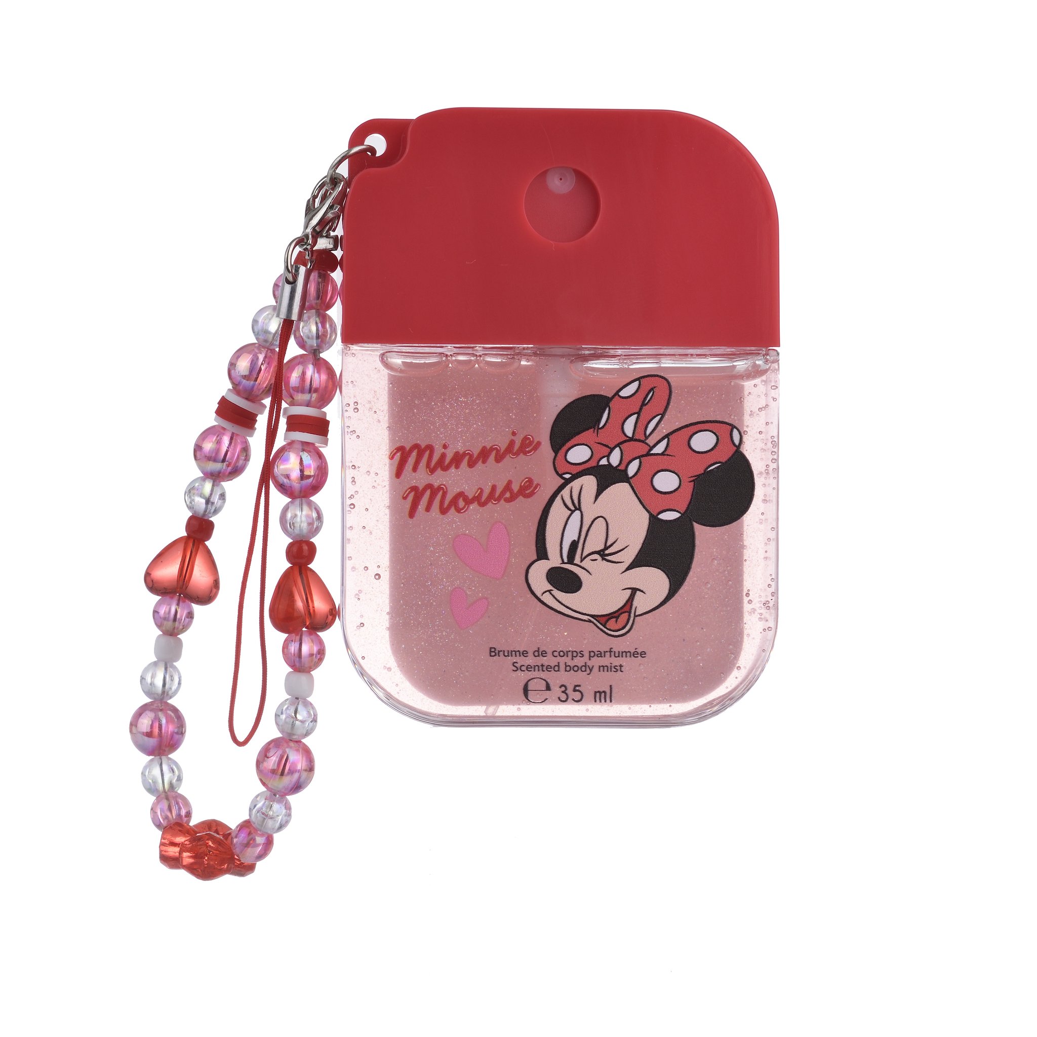 Bottle with a winking Minnie Mouse, hearts and the beaded strap hanging down