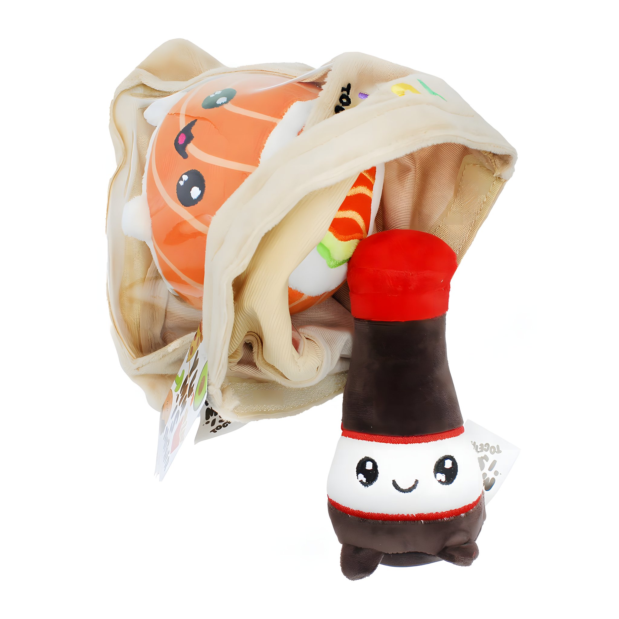 Geöffnete Take-Away-Tasche mit herausschauendem Uramaki, Sojasauce-Flasche davor