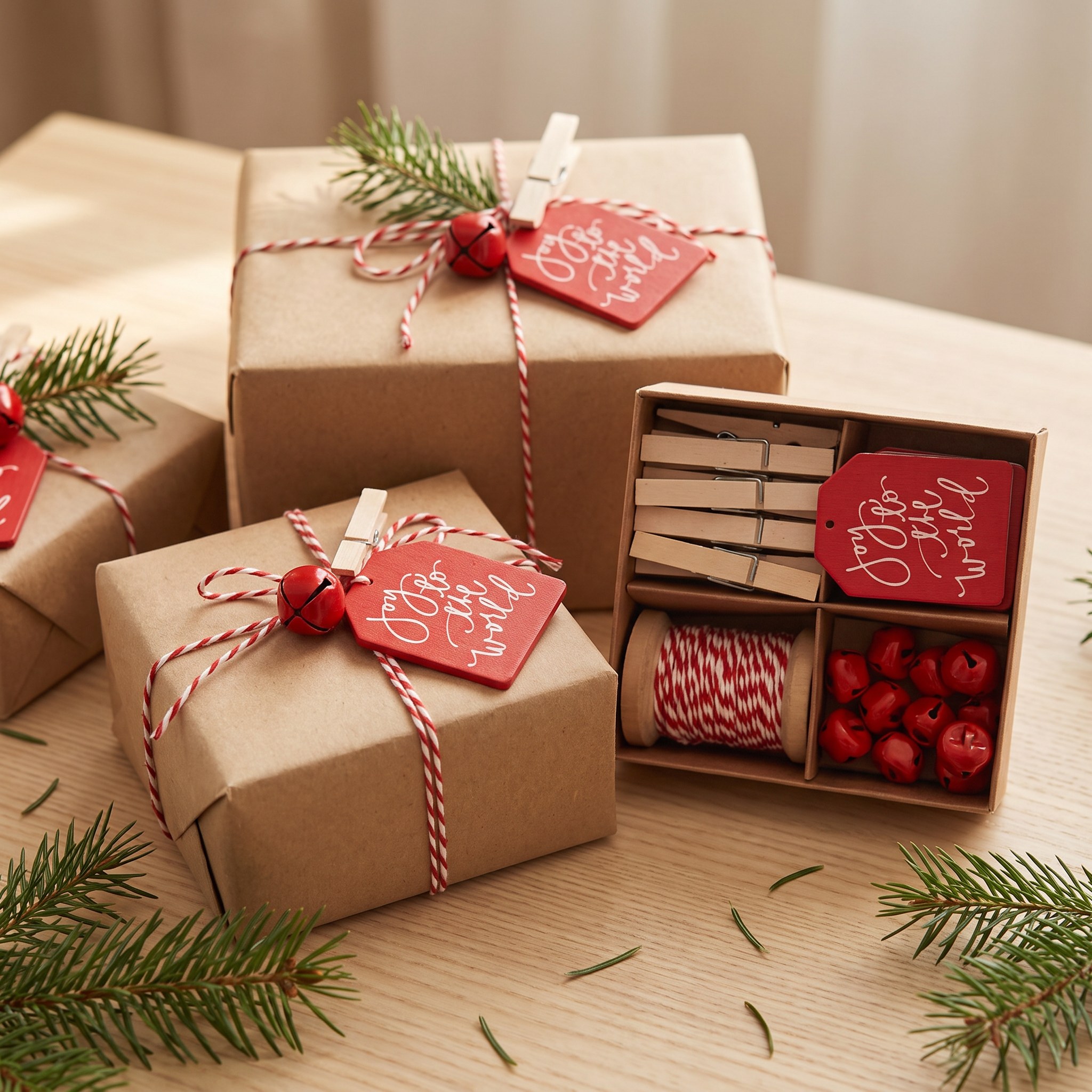 Geöffnete Box des Geschenkanhänger-Sets neben verpackten Weihnachtsgeschenken mit Glöckchen