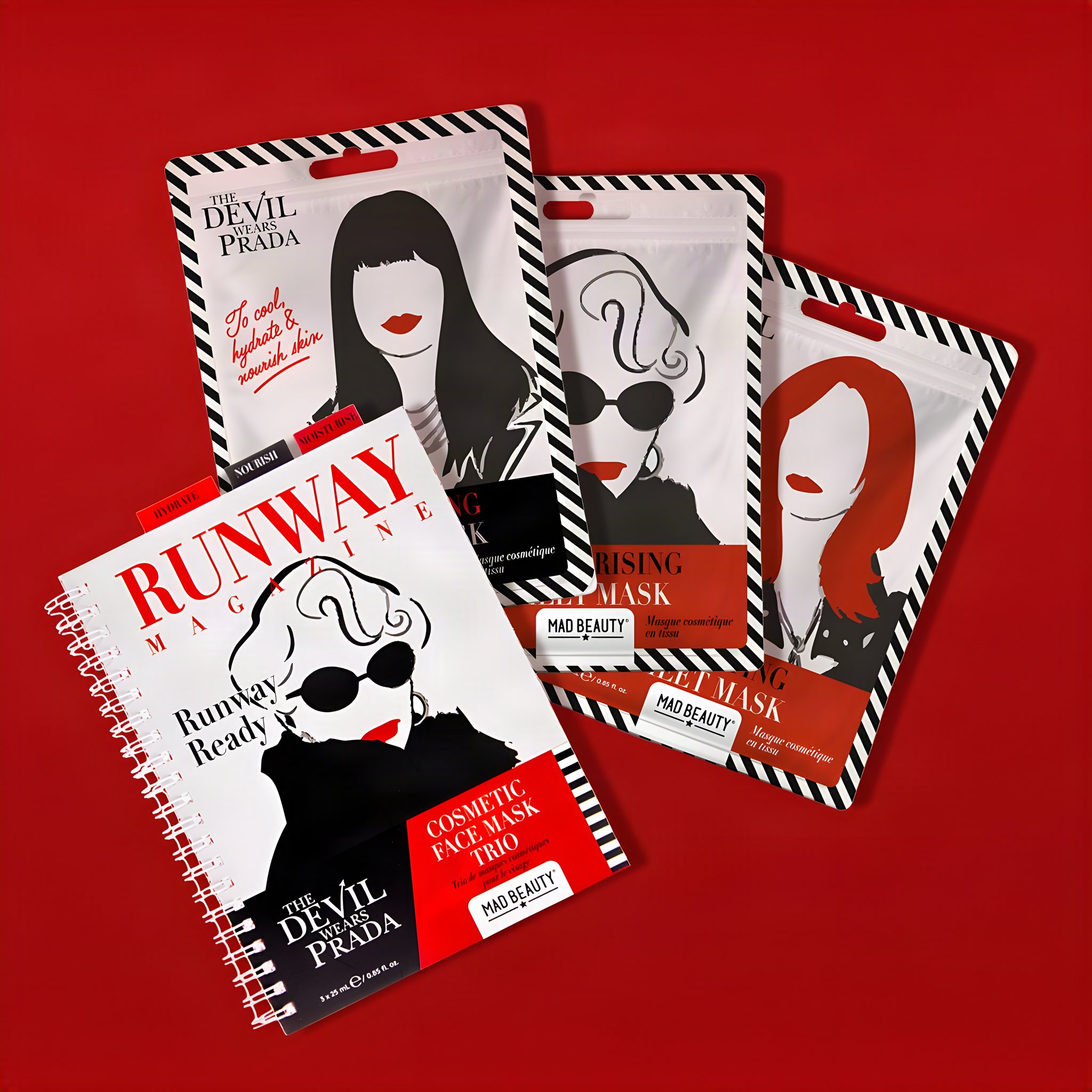 The three magazine-style sheet masks fanned out beside The Devil Wears Prada Runway pack