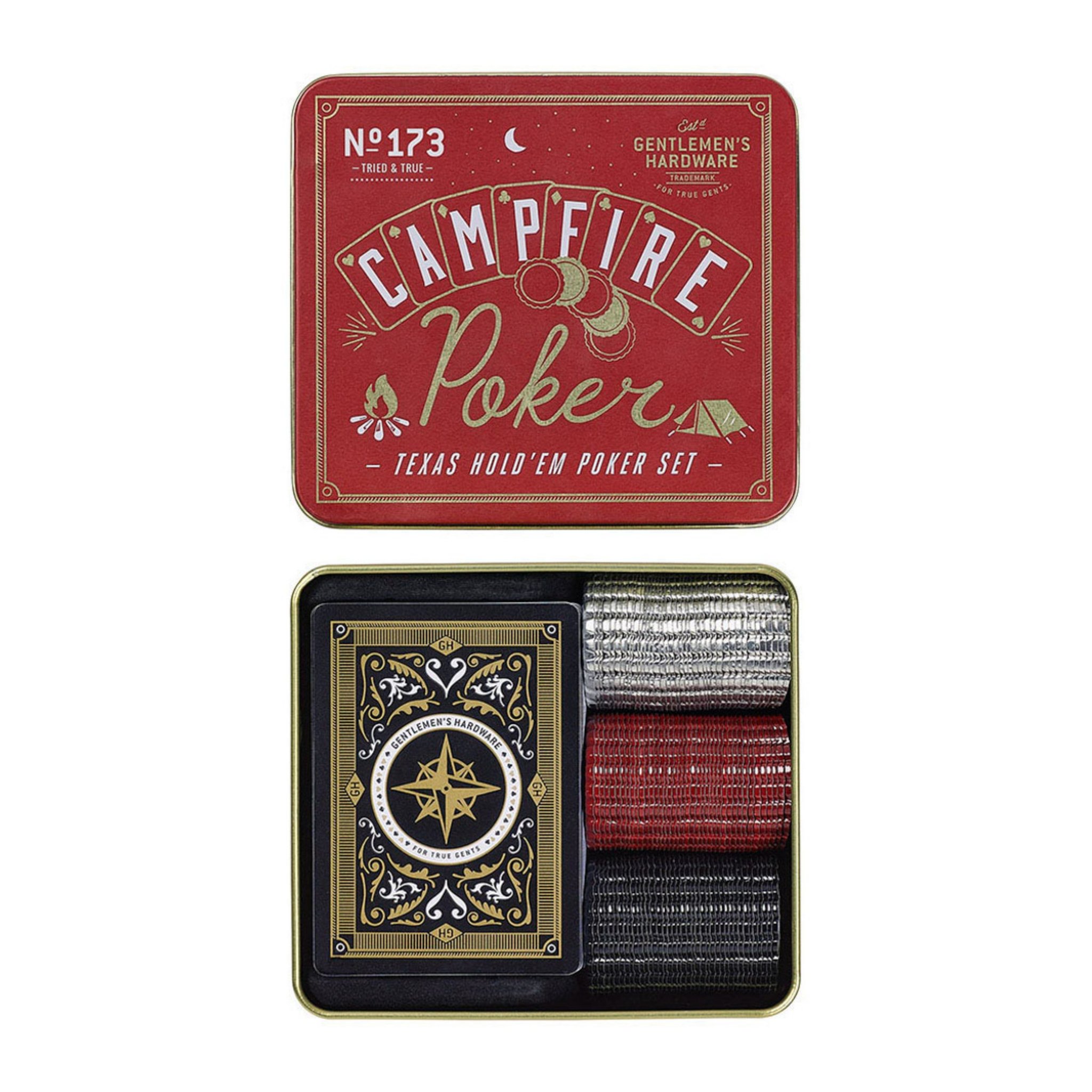 Rote Blechdose des Lagerfeuer Poker-Sets, daneben offen mit Kartenspiel und drei Stapeln Chips in Silber, Rot und Schwarz