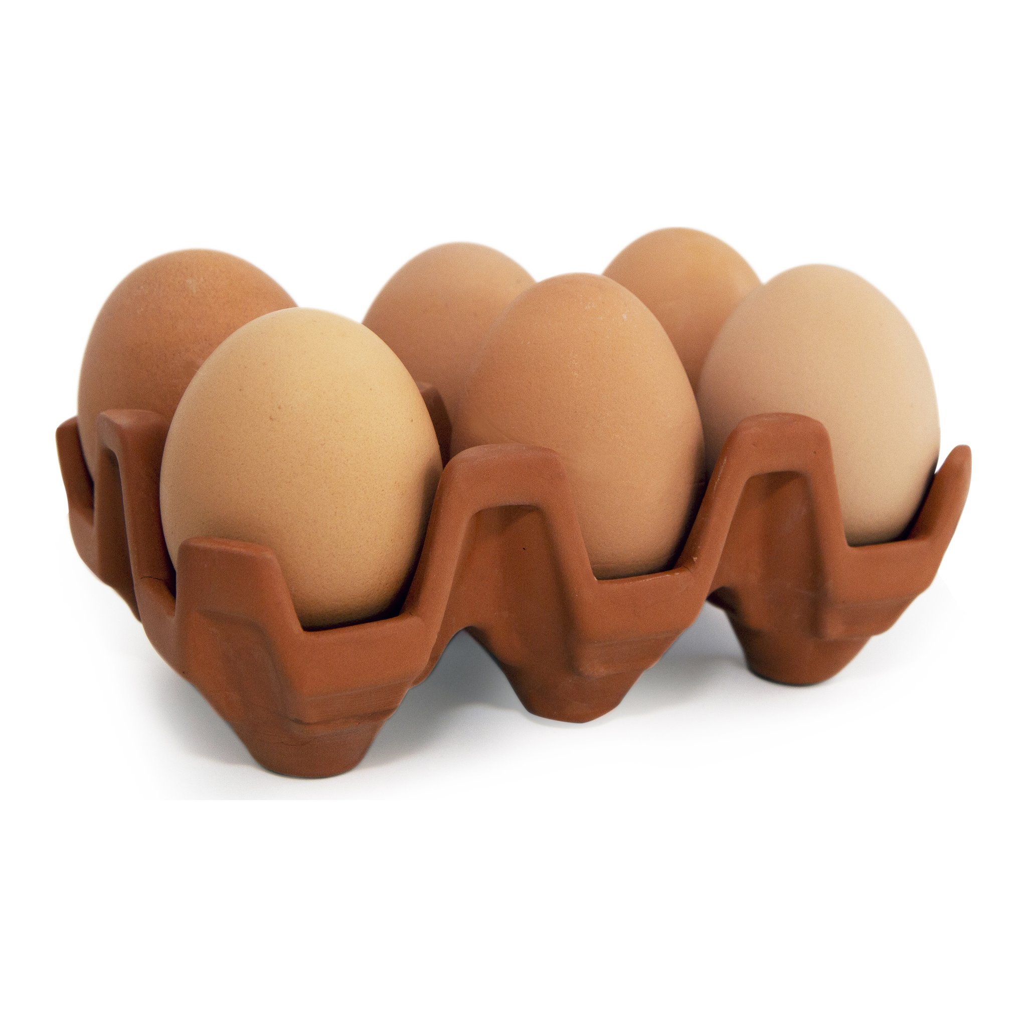 Porte-oeufs en terre cuite avec six oeufs bruns