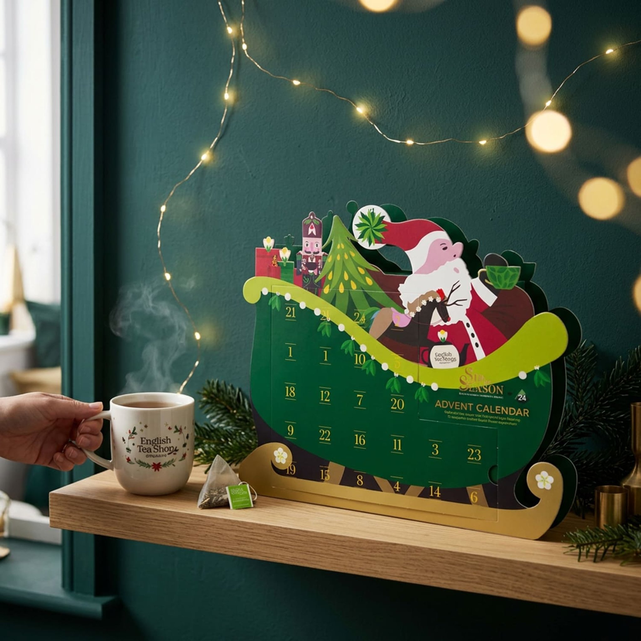 Calendrier traîneau sur une étagère murale devant un mur vert foncé, près d'une tasse de thé fumante