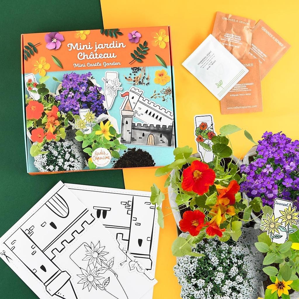 Miniaturgarten Schloss mit bunten Blumen und Bastelbogen